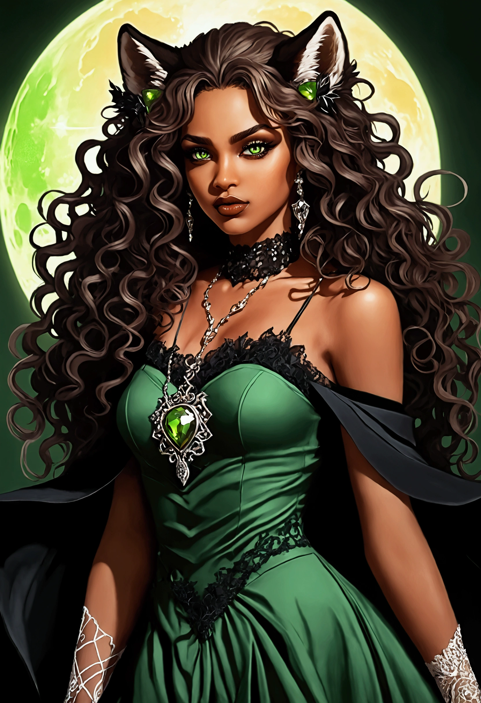 Brown-skinned werewolf ,  green eyes , curly hair ,  sexy gothic look and dress , (Let it be in manga)