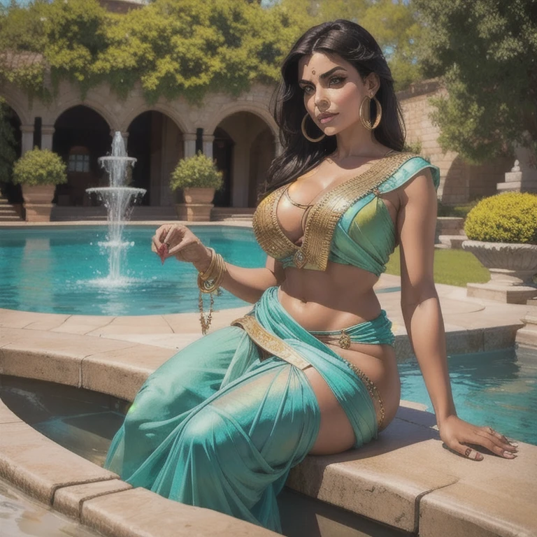  masterpiece ,  Anatomically correct ,  tall details, Alone, 1 woman,  21-year-old mature woman ,Hindi woman , with long waist-length black hair , almond-shaped brown eyes ,  wearing hoop earrings , piercings no nariz,  full lips ,  round face, wearing conservative and beautiful pastel-colored sari, Big breasts ,  WIDE HIP,  thick thighs , dark skin tone , barefoot, sitting in a very rustic fountain , enjoying the sunny day , buckets of water next to , Anatomically correct ,  Textured Skin,