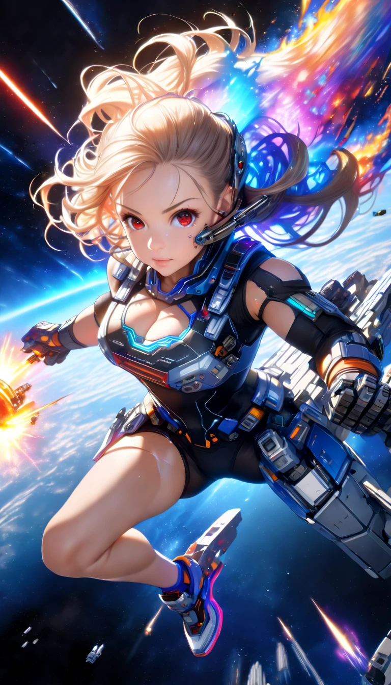 Ridiculous resolution, A high resolution, (Masterpiece:1.4), ultra - detailed, 1girll, looking from above, the space, afloat,cleavage,(Spacesuit 1.2),particle fx