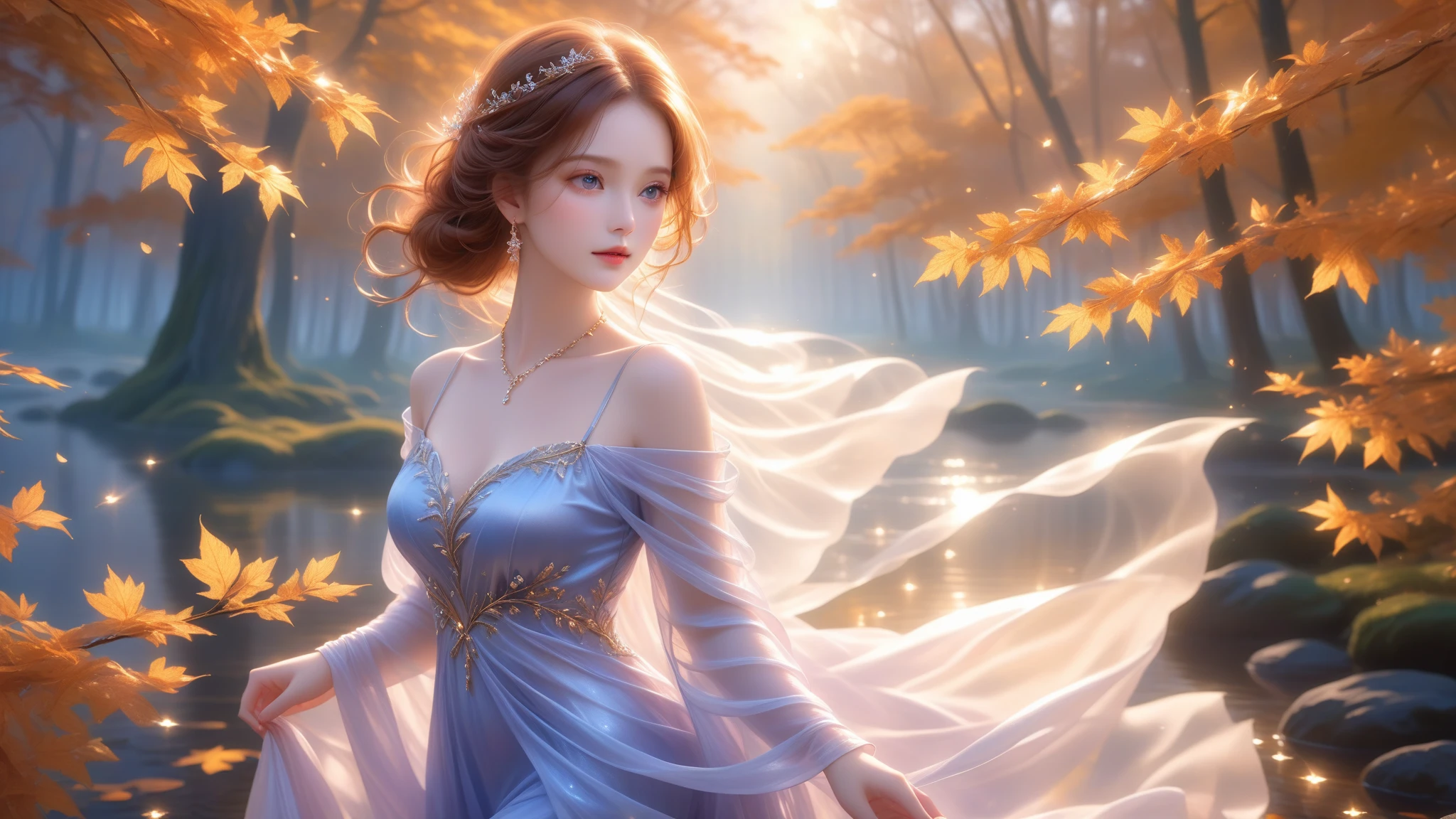 A Masterwork In 32K Resolution, Unmatched Quality, Ultra-Fine Details, Official Art, Supreme 32K Wallpaper, Gorgeous And Ethereal, Highly Detailed Features, Spellbinding Detail, Dutch Angle, Hyper-Realistic, Autumn Landscape. One Girl, Solitary, Auburn And Straight Hair, Long And Flowing, She Is Wrapped In Delicate, Sensuous Silk Fabric, Off-The-Shoulder, Highlight Her Ample Breasts, Sapphire Choker, Exquisite Cleavage, Moonlit Forest, Floating Glimmers Surrounding Her. The Composition Of Her Ethereal Beauty Is Otherworldly, With The Reflected Adding Depth And Magic, Enhanced By Gentle, Dreamlike Lighting That Captures Every Nuance. Her Sculpted, Angelic Face Shines Against The Golden Leaves, Illuminating Her Timeless Grace In This Astonishingly Realistic And Enchanting Scene.