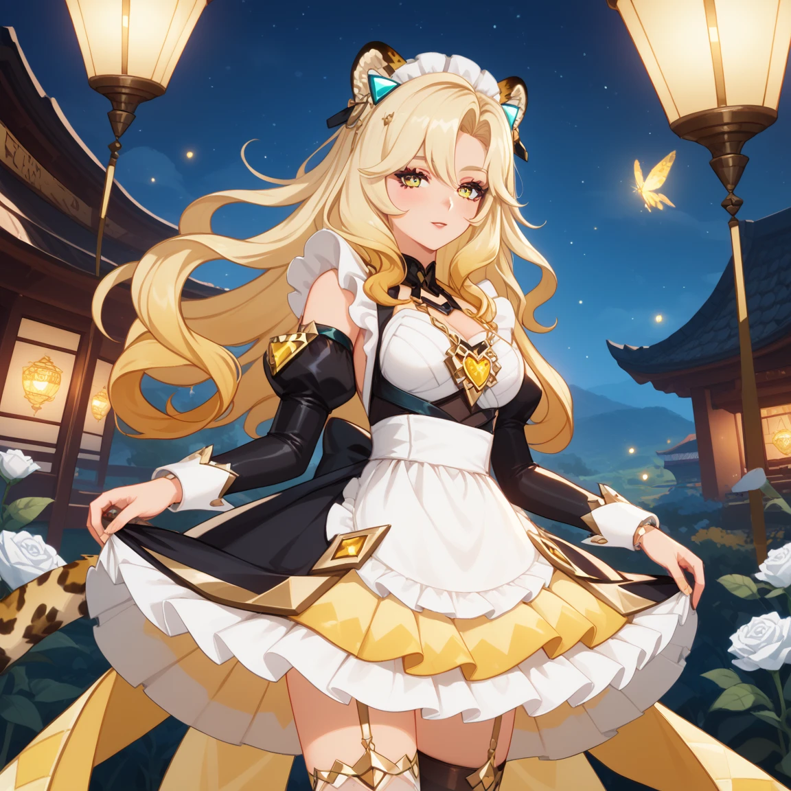 1girl, dress, jewelry, blonde hair, flowing hair, long hair, solo, white roses, jaguar ears, jaguar tail, firefly, long flowing hair, floating hair, ornament hair, Looking at the viewer, flowing hair, magical girl, Beautiful Eyes, maid, maid dress, maid headdress, white headdress, maid apron, white apron, dress with too many frills, white dress, yellow laces, white Short skirt, skirt with layers, small skirt, skirt with layers, Drape clothes, yellow gem, Lace trim, lux garden, luxury gold details, gold jewelry, more details, best quality, blushing, Striped Lace Stockings, short skirt, sparkle, solo, centered girl, cowboy shot, glowing hair, white roses, magical girl, sparkles, more details on her clothes, dress with transparency, golden details on her dress, night, oriental lanterns