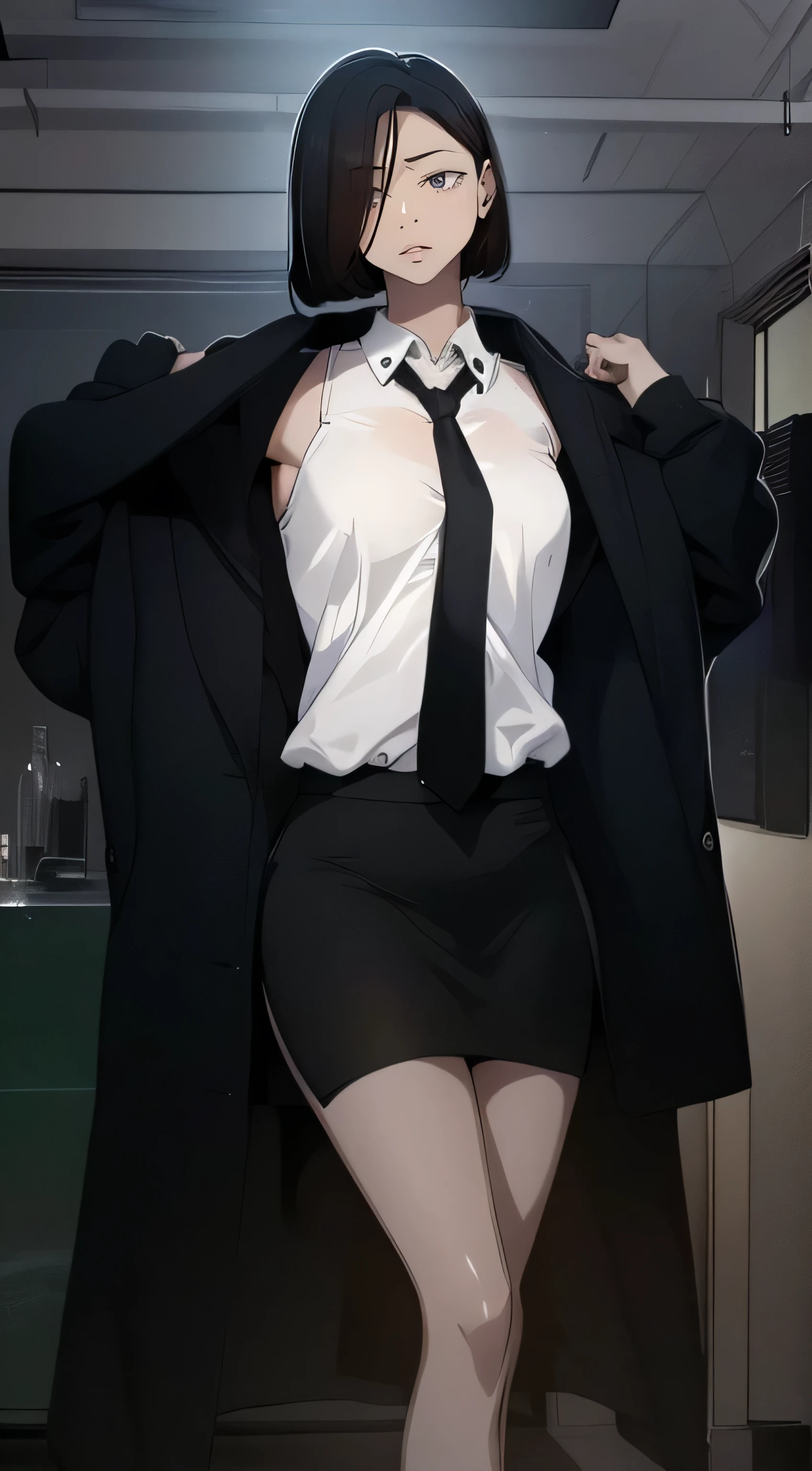 ((Masterpiece, Superb Business Negotiation Aesthetics)), 1 female solo, Close-up, (Determined eyes), (Black blazer, White shirt, tie, trousers), (Wavy hair), (formal outfit), Mature woman, (Clear facial features, Detailed skin texture, Beautiful face), White background, Earrings, Perfect slim body,, standing, (Masterpiece, Top quality, Best quality), ((Flat color))，sandals，There is a lot of discharge，Pubic hair is exuberant，Lots of pubic hair，Thick pubic hair，Strong body hair，A foreign body is inserted into the