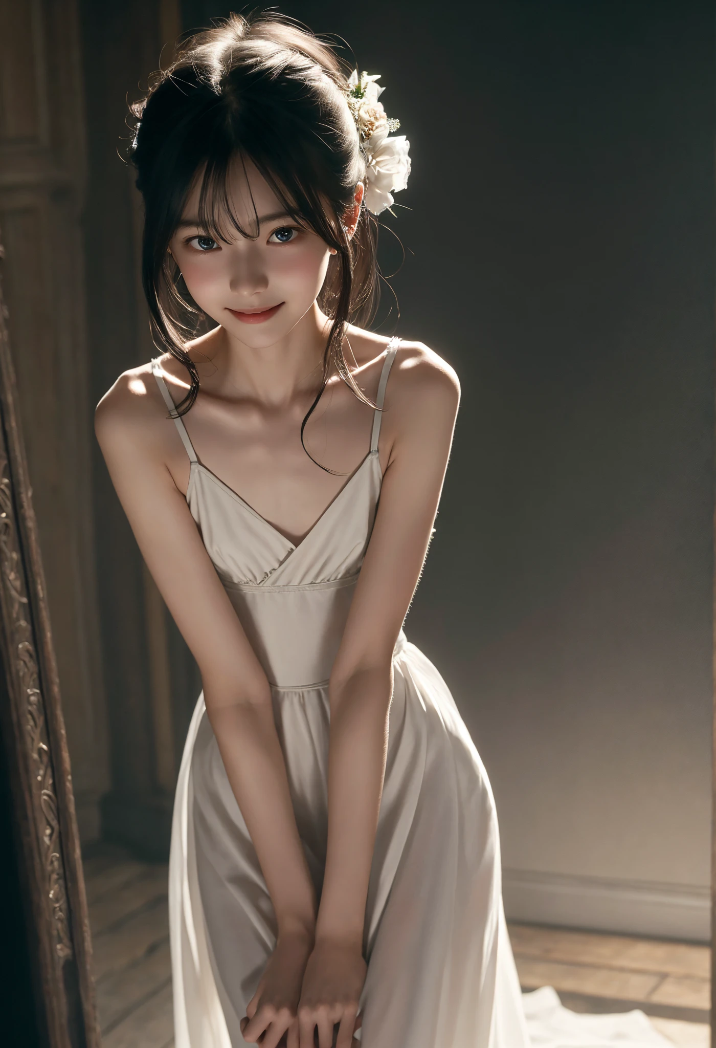 Thin arms,Narrow shoulders,delicate, very skinny ,公式art,  Unity 8k Wallpaper,  super detailed, beautiful, beautiful, masterpiece,  best quality, Darkness,  vibe, mystery, Romanticism, Creepy, literature, art, fashion,  victorian , race,  supernatural ,smile, white skin