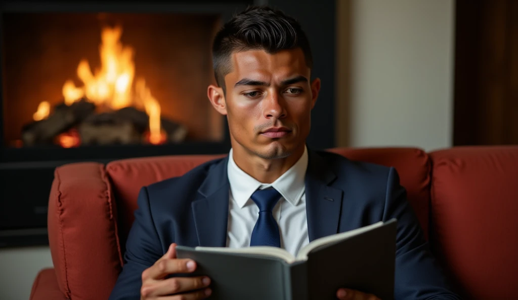 Ronaldo in a suit, small head, extremely detailed skin, reading seated on sofa, in front of fireplace, blurred background.