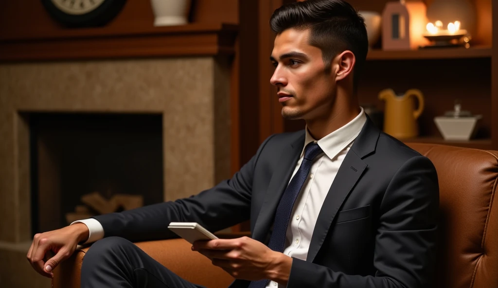 Ronaldo in a suit, small head, extremely detailed skin, reading seated on sofa, in front of fireplace, blurred background.