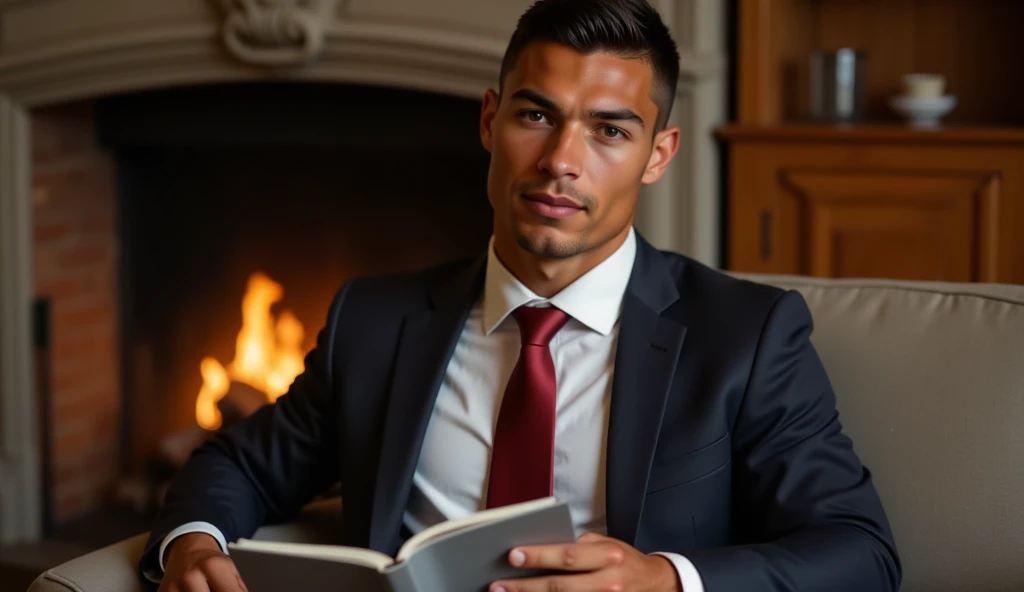 Ronaldo in a suit, small head, extremely detailed skin, reading seated on sofa, in front of fireplace, blurred background.