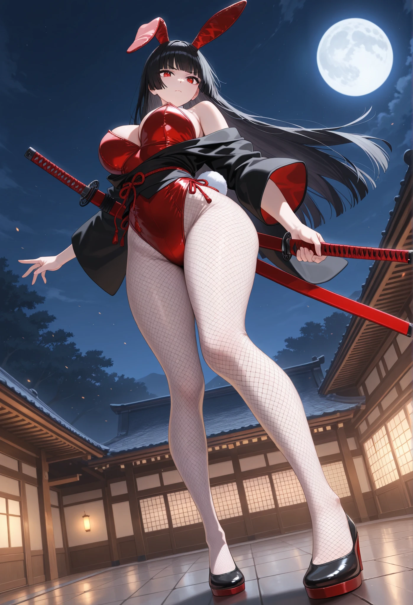 score_9, score_8_up, score_7_up, score_6_up,(masterpiece), best quality, newest, highres, absurdres, ultra detail, extremely detailed, official art, rich colors, sharp contrast, detailed shading, perfect anatomy, good hands, solo, 1girl,large breasts,red eyes, (kunoichi), bare shoulder, sleeve less, thighs, thighhighs, japanese clothes, kimono, sash, obi,body fishnets, ninja, black kimono,(bunnysuit,red leotard), confident,dominant, serious, dropkick, sharp eyes, large breasts, big thighs, fishnet pantyhose, round ass, ,real bunny ears ,real bunny tail,sheathed katana,weilding fire katana,hime cut,black hair expressive pose, full body , closeup, dynamic view, dynamic action,from below , old japanese village, night, moon