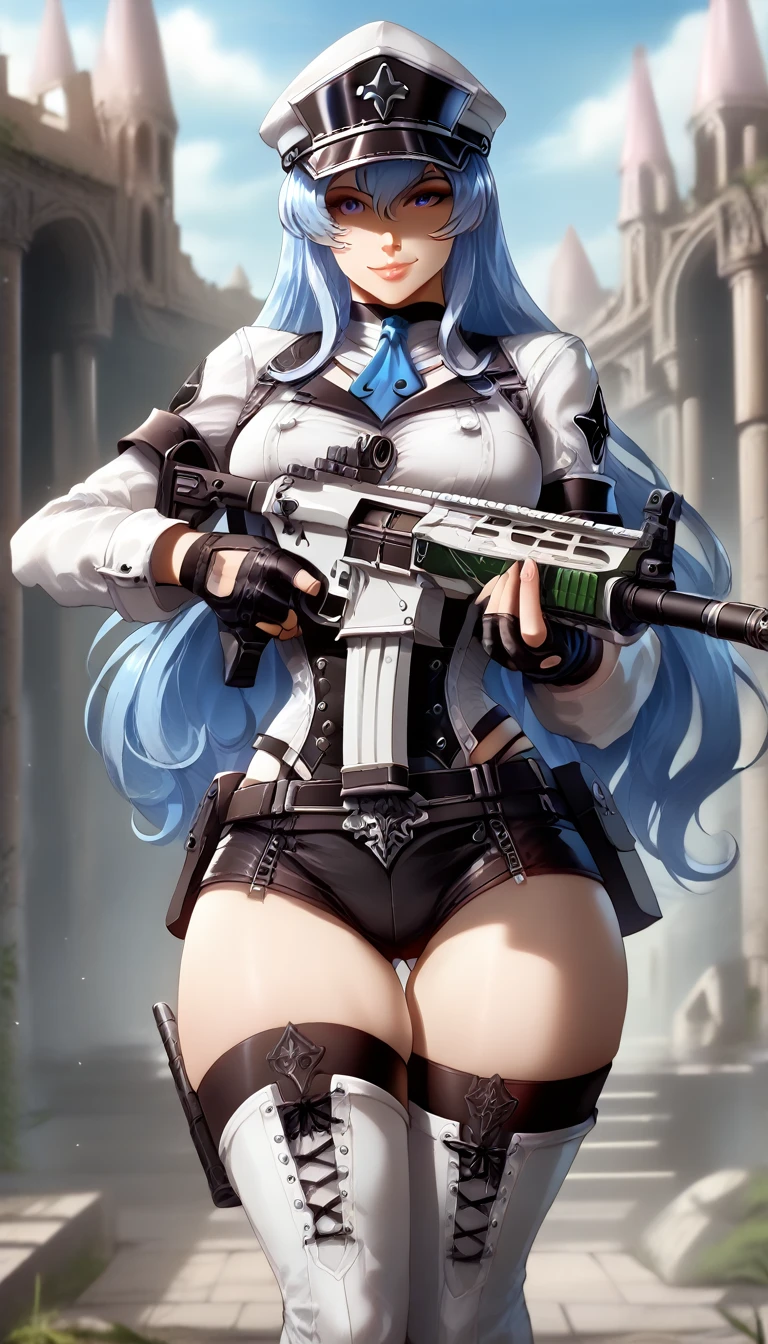 Photorealistic, high resolution, Beautiful tall woman, Solo, Hips up, view the viewer, (Detailed face),Pale blue hair, Long hair, Young nun costume, Stockings,Snow background, Girl aiming AK-47 assault rifle