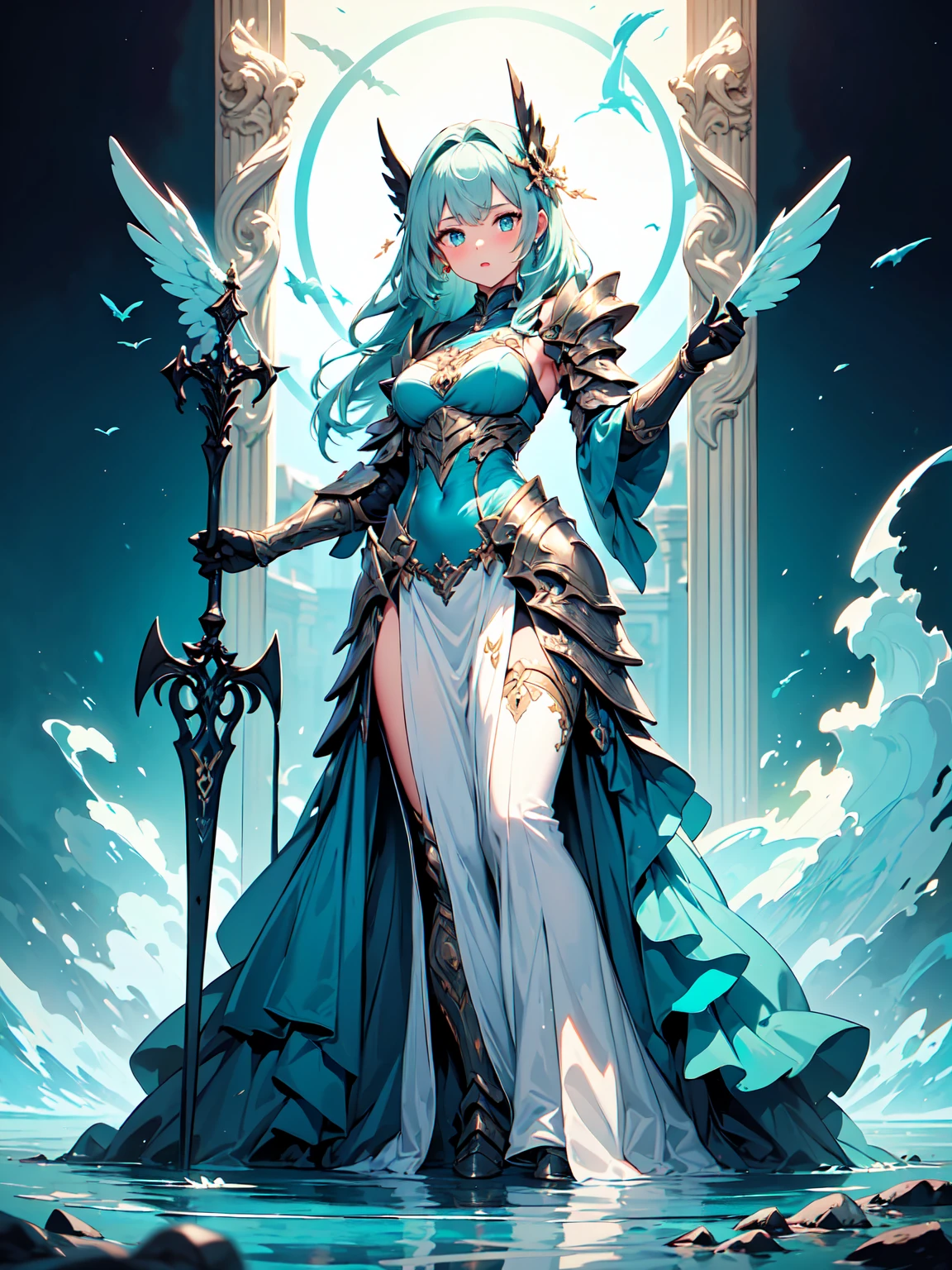 Noel Silva(Black Clover)、Silver Hair、Black Bull、Spirit Assimilation Sanctuary: Sea God Valkyrie's Feathered Armor(Saint Valkyrie Dress)、Water Creation Magic: Sea God Valkyrie's Feathered Armor、Armor and spears made from water appear around you.。The figure is「Dancer of the Battlefield」She bears a striking resemblance to Noel's mother, who was called。Can move by swimming through the air、Water Creation Magic: Sea Dragon's Roar、