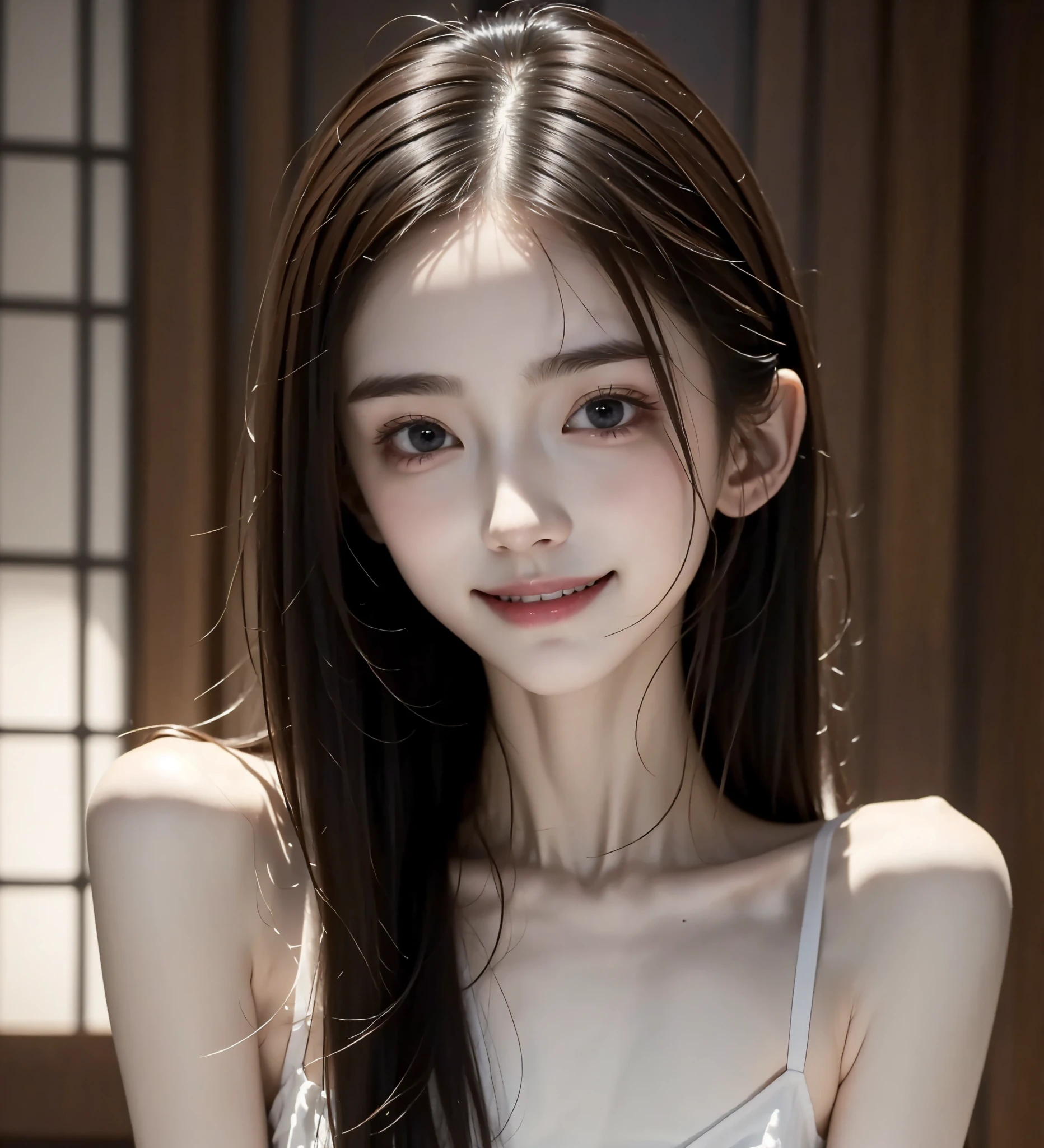 Thin arms,Narrow shoulders,delicate, very skinny ,公式art,  Unity 8k Wallpaper,  super detailed, beautiful, beautiful, masterpiece,  best quality, Darkness,  vibe, mystery, Romanticism, Creepy, literature, art, fashion,  victorian , race,  supernatural ,smile, white skin