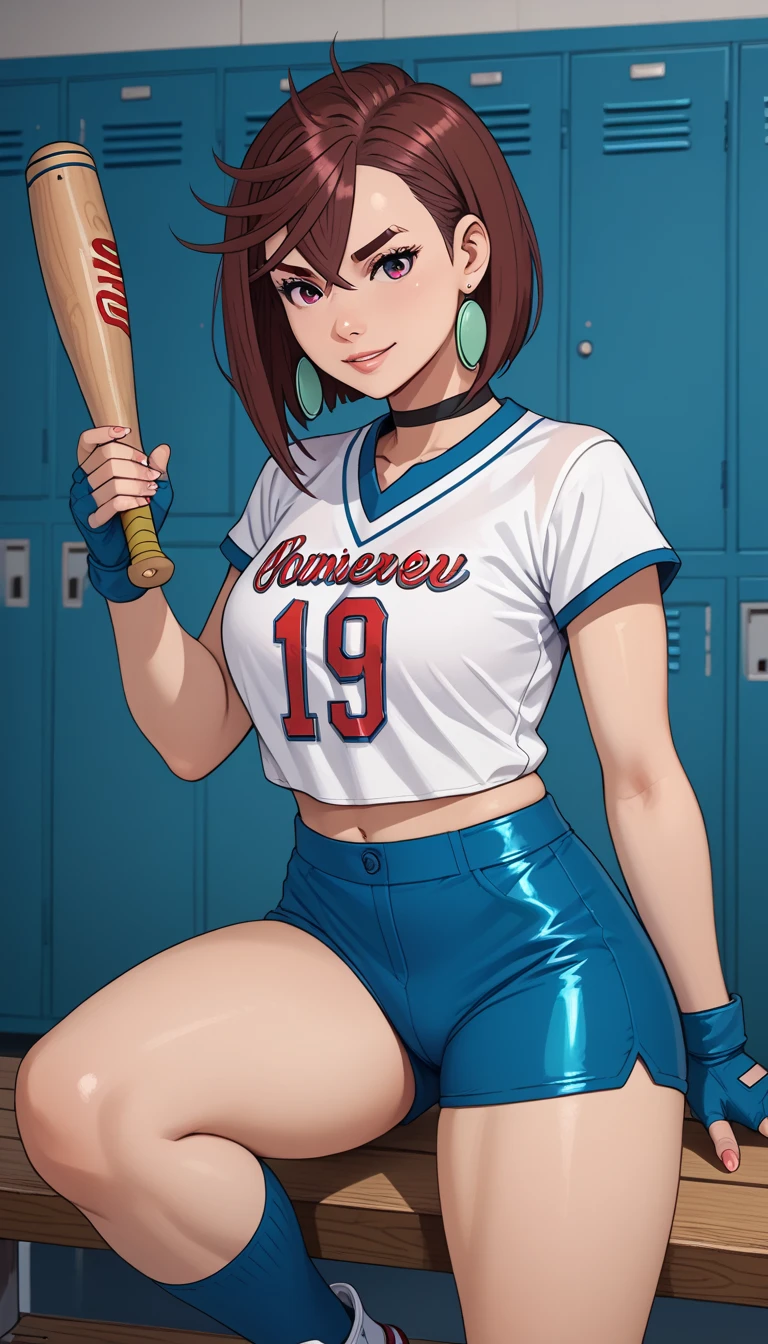  Momo Ayase in a white baseball jersey and very short and tight blue latex shorts, fingerless gloves , short brown hair ,   sunglasses with red lenses , thick red thighs and smiley   ,   prominent ,  arched eyebrows  , full breasts,   Thick legs   ,   looks at the observer while holding a baseball bat ,    rest one leg on the locker room bench   ,
