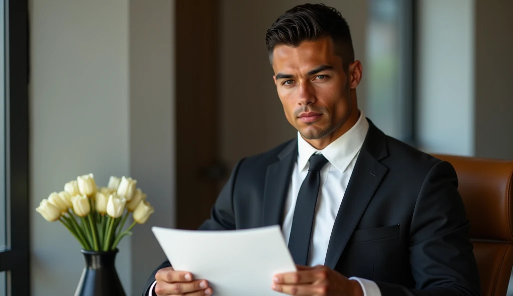 Ronaldo in a suit, small head, extremely detailed skin, reading documents at office, blurred background.