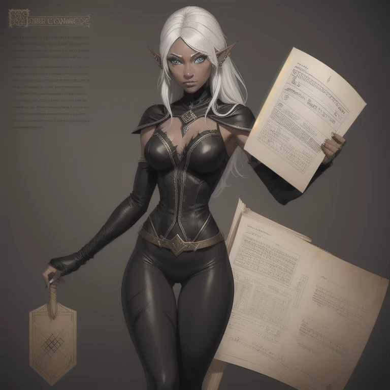 1 ,  RPG character ,  A highly detailed ,  Best Quality , RPG style, conceptual art, character sheet, Beautiful Drow girl, Black Elf,  medieval black tunic, black leggings pants , white hair,  roll of paper , parchment, , scars, piercings, thin and tall, score_9, score_8_above, score_7_above