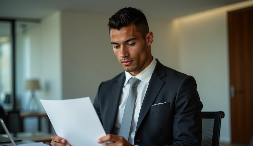 Ronaldo in a suit, small head, extremely detailed skin, reading documents at office, blurred background.