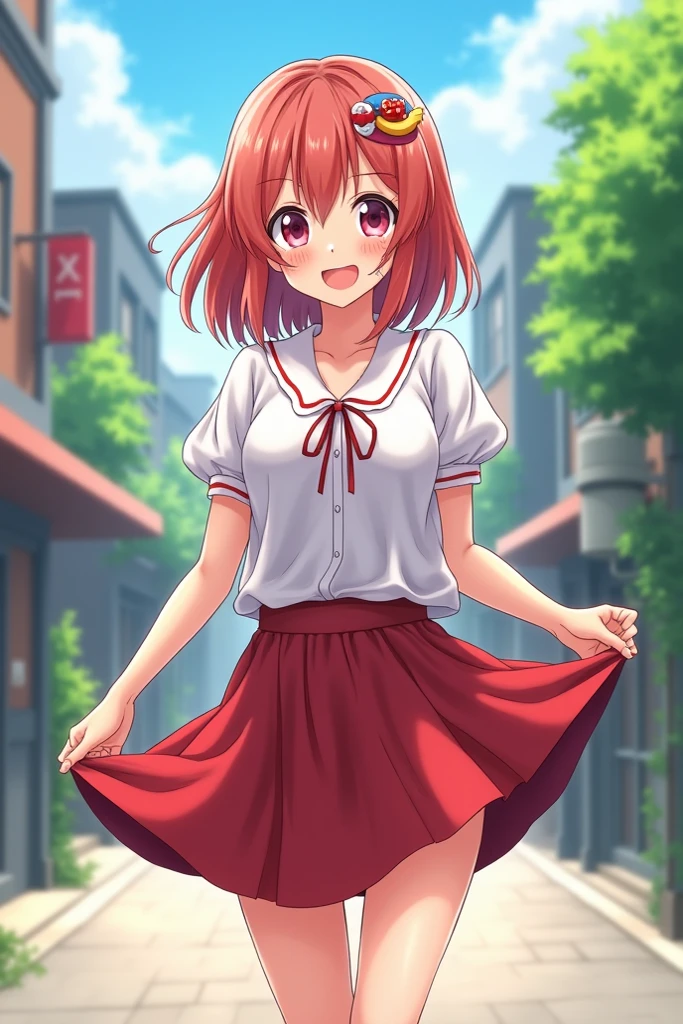 (best quality, masterpiece:1.2), 1girl, solo, cute, looking at viewer, smile, smilling, uehara ayumu, yellow eyes, medium hair, braided bun, pink hair, yume e no ippo dress, holding viewer hand, bike shorts,