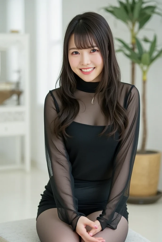 8k, RAW Photo, Best Quality, Masterpiece:1.2),(Realistic, photo-realistic:1.37), Super Detail, She is wearing tight thin fitting transparent black long sleeve turtleneck , no pants, no skirts, transparent black pantyhose, cinematic lighting, sexy pose, monotone background, facing front, smiling, portrait, dressed up to the belly button, dressed up to the neck
