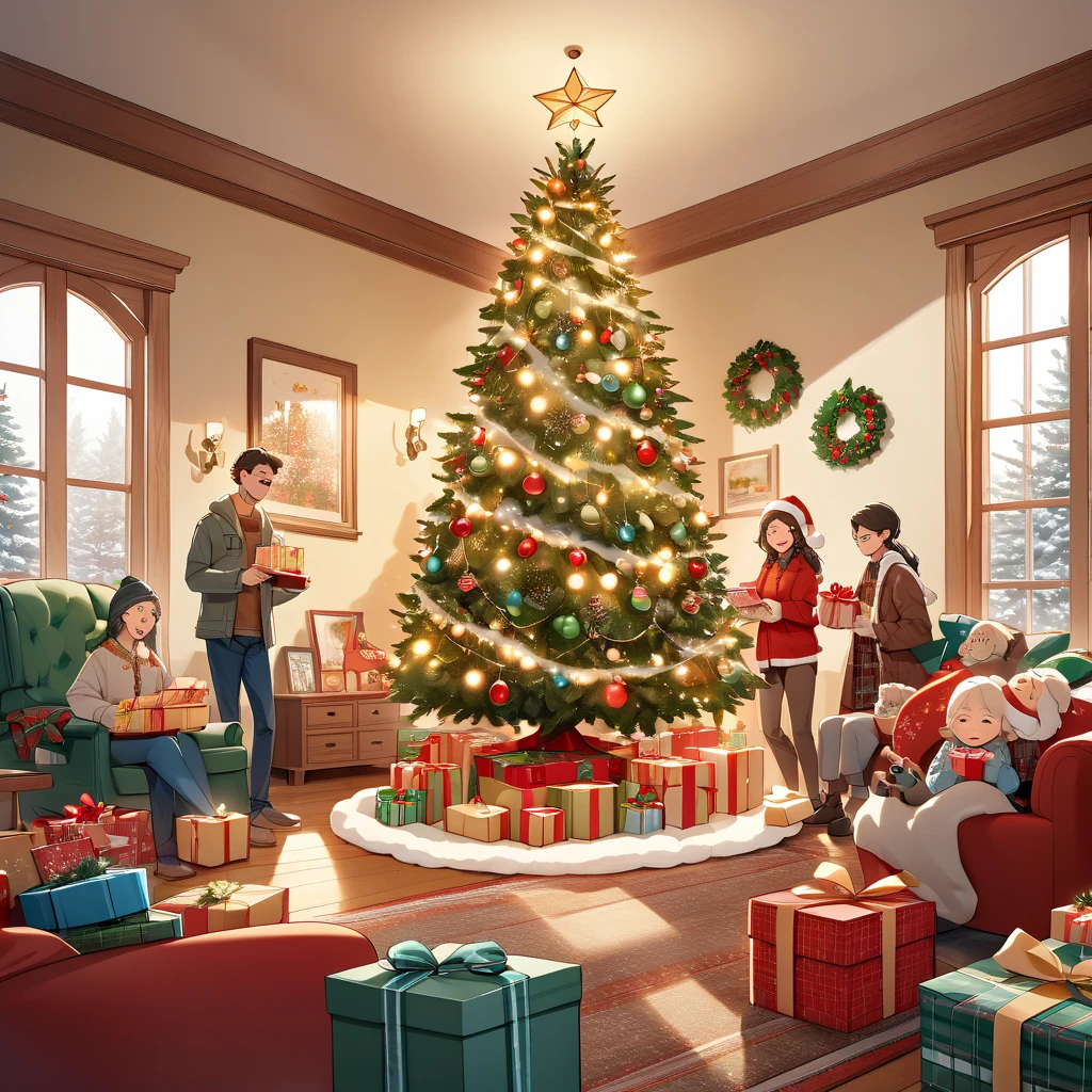 Masterpiece, ultra-high quality image of a family celebrating Christmas together in a cozy living room. A decorated Christmas tree with twinkling lights and colorful ornaments stands in the corner, with wrapped presents under the tree. The family, including parents, ren, and grandparents, are smiling and laughing, gathered around a coffee table with holiday treats like cookies and hot cocoa. The ren excitedly unwrap presents, while the adults look on, enjoying the moment. A warm fireplace crackles in the background, casting a soft, golden glow throughout the room. Snow is gently falling outside the window, enhancing the cozy, festive atmosphere.