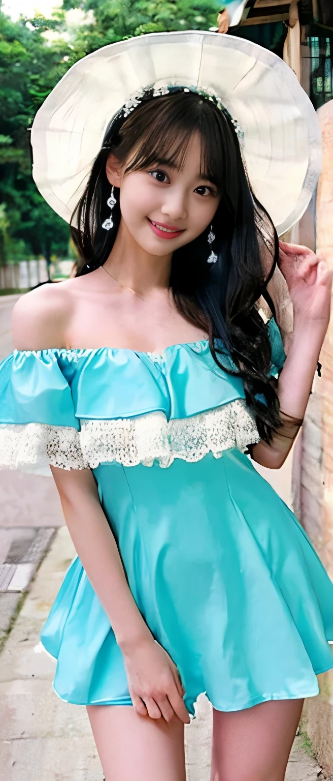 Neat Candy Idol Girl(Neat long hair)、Thick legs、cute candy swimsuit in pastel blue、off-the-shoulder white ruffle mini dress Good style、