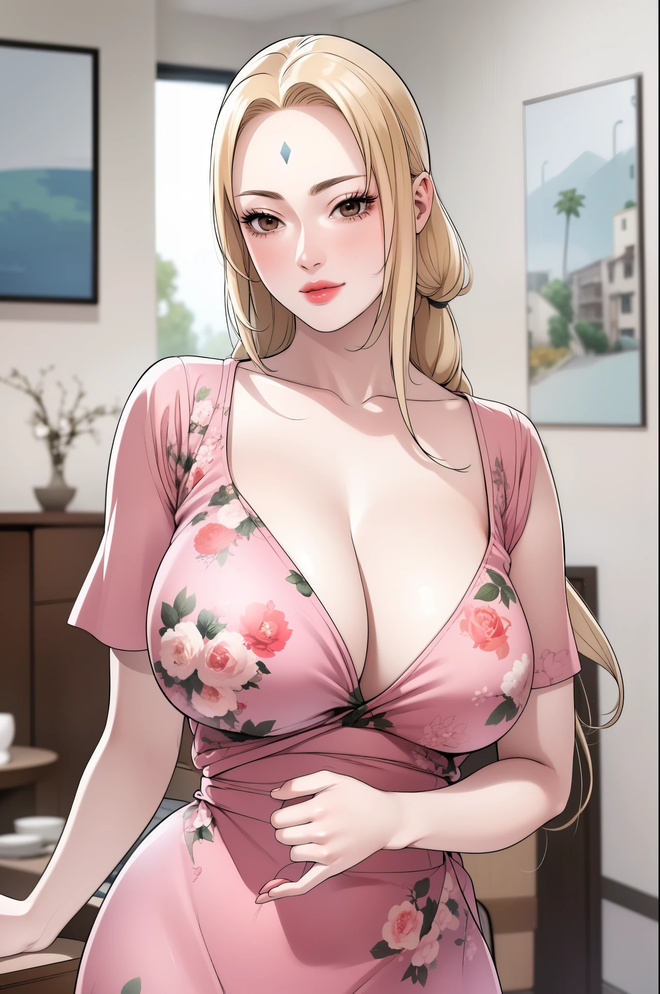 Tsunade Senju, wearing a long foot-length pink floral dress with spaghetti straps and a v-neckline, a cute smile expression, extremely fair white skin, an extremely beautiful face, a perfect busty yet thin curvy body, standing straight. The living room in the background show her full body from head to foot.