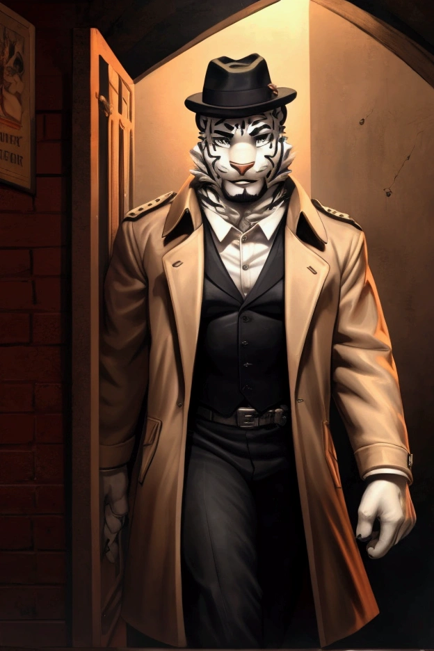 ((upload on e621)), score_9, score_8_up, score_7_up, source_furry, male, white tiger, solo, grin face, looking at viewer, A captivating image of a 1940s private detective, dressed in a seductive and alluring trench coat and fedora, investigating a smoky jazz club. The scene exudes the ambiance of a classic crime novel, digital art