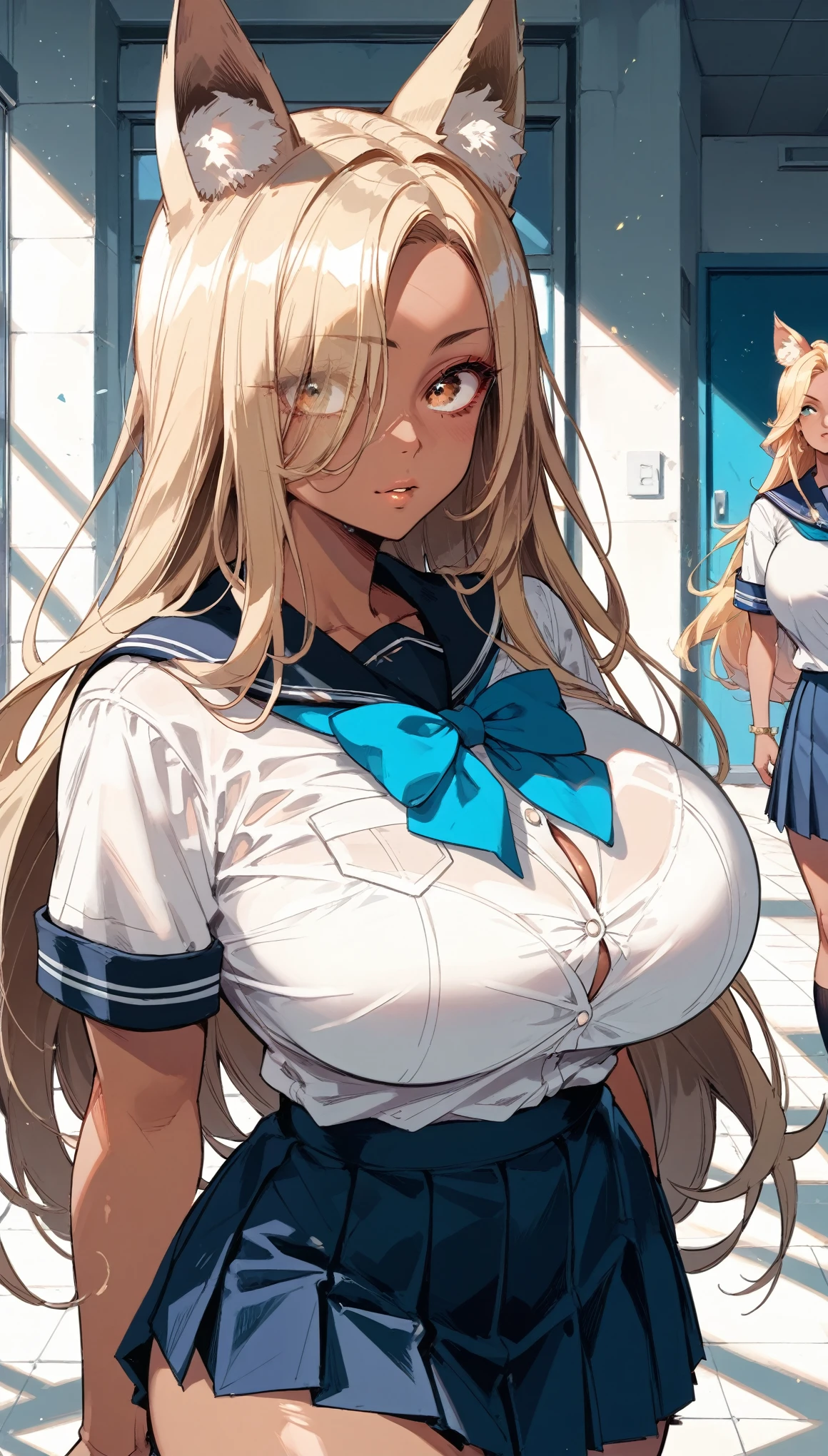 score_9, score_8_up, score_7_up,(hi-quality,high resolution),(brown skin:1.3),(Fox Ears),big eyes,Clear Eyes,Perfect Eyes,(forehead,long hair over one eye),((side parted hair)),Blonde,Long Hair,Straight Hair,Delinquent Girl,gal,3girl,((huge breasts)),((school uniform)),((curvy)),(wide hip),((cowboy shot))