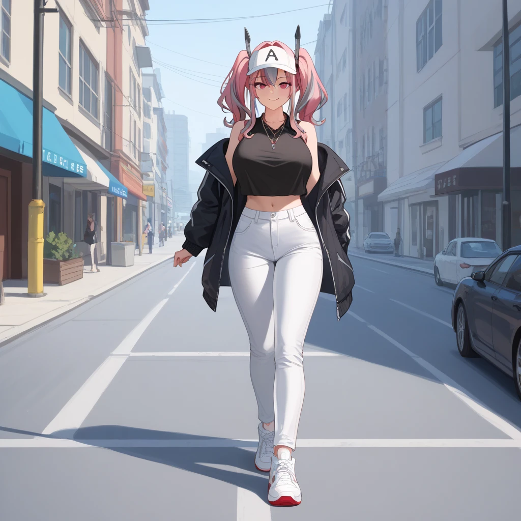 a woman wearing a white leather jacket, black jacket, black shirt, white cargo pants, white sneakers, hot pink hair, gray fringes, multicolored hair, wearing a white cap, wearing a cross necklace around her neck, big breasts, pink eyes , smiling, perfect face, perfect lips, perfect eyes, standing posture, walking on a concrete sidewalk walking on a street, white building with ice blue glass windows, white fog in the background, (Azur_lane, USS_Bremerton)masterpiece, accurate, anatomically correct, textured skin, super detail, high quality, best quality, 8k, high resolution, bokeh effect.(solo woman), close view.
