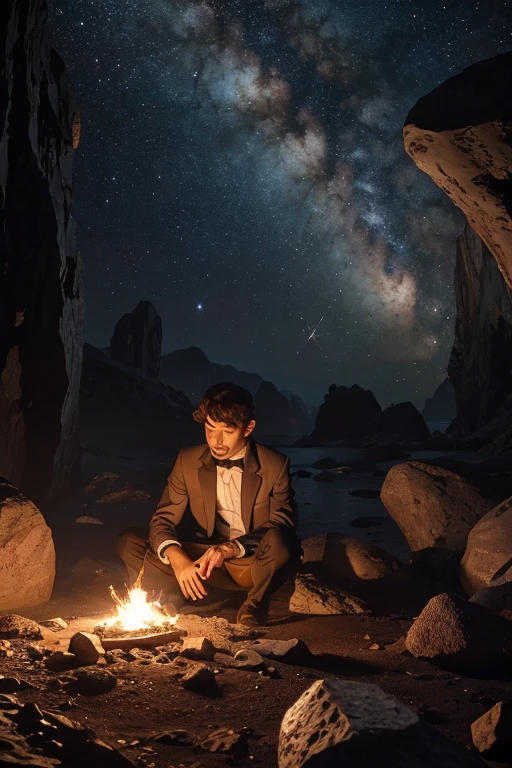 Desenhe um jovem programador, sitting on a research platform floating in the middle of an asteroid belt. He is studying with a notebook, surrounded by several asteroids glowing with fiery auras. Dramatic lighting from distant stars and planets illuminates the scene, casting deep shadows on the costume. O jovem parece confiante e determinado, looking at the vast and mysterious universe with awe and respect,facial hair, cowboy shot,
