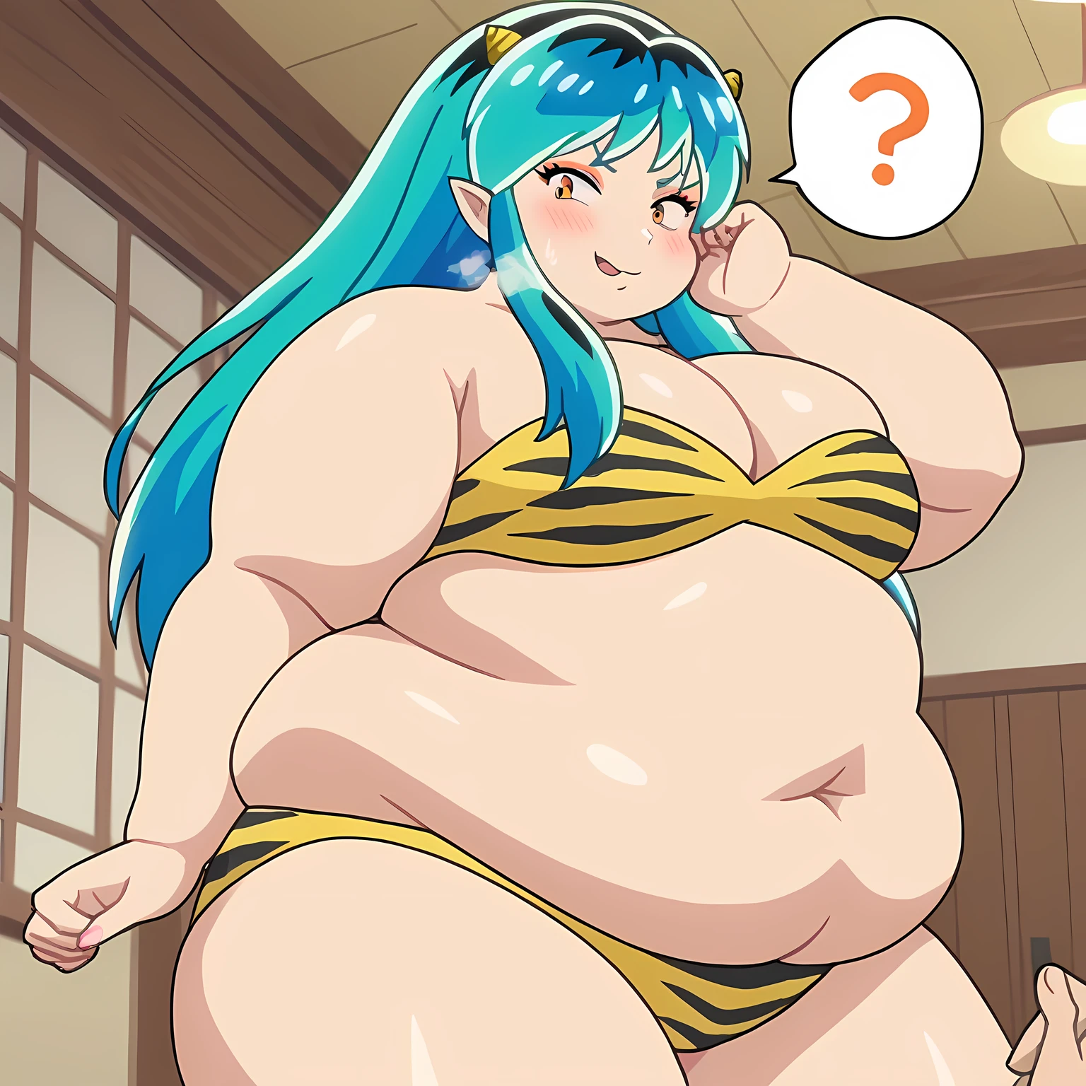 score_9, score_8_up, score_7_up, source_anime, anime screencap, indoors, 1girl, solo, lum, long hair, bangs, blue hair, orange eyes, horns, pointy ears, aqua hair, oni horns, eyeshadow, navel, cleavage, swimsuit, bikini, strapless, animal print, yellow bikini, tiger print, strapless bikini, looking at viewer, eye contact with viewer, seducing smile, (smug:0.8), light blush, closed mouth, shiny skin, shiny hair, from side, thighs  ,,fat, chubby, obese, open mouth, out of breath, absurdres, highres icon, rating:General, confused, blush, spoken question mark, {flustered}, nervous sweating, portrait, pov hands, hand on another's cheek, averting eyes, [looking away], straight-on, from below, swollen face

