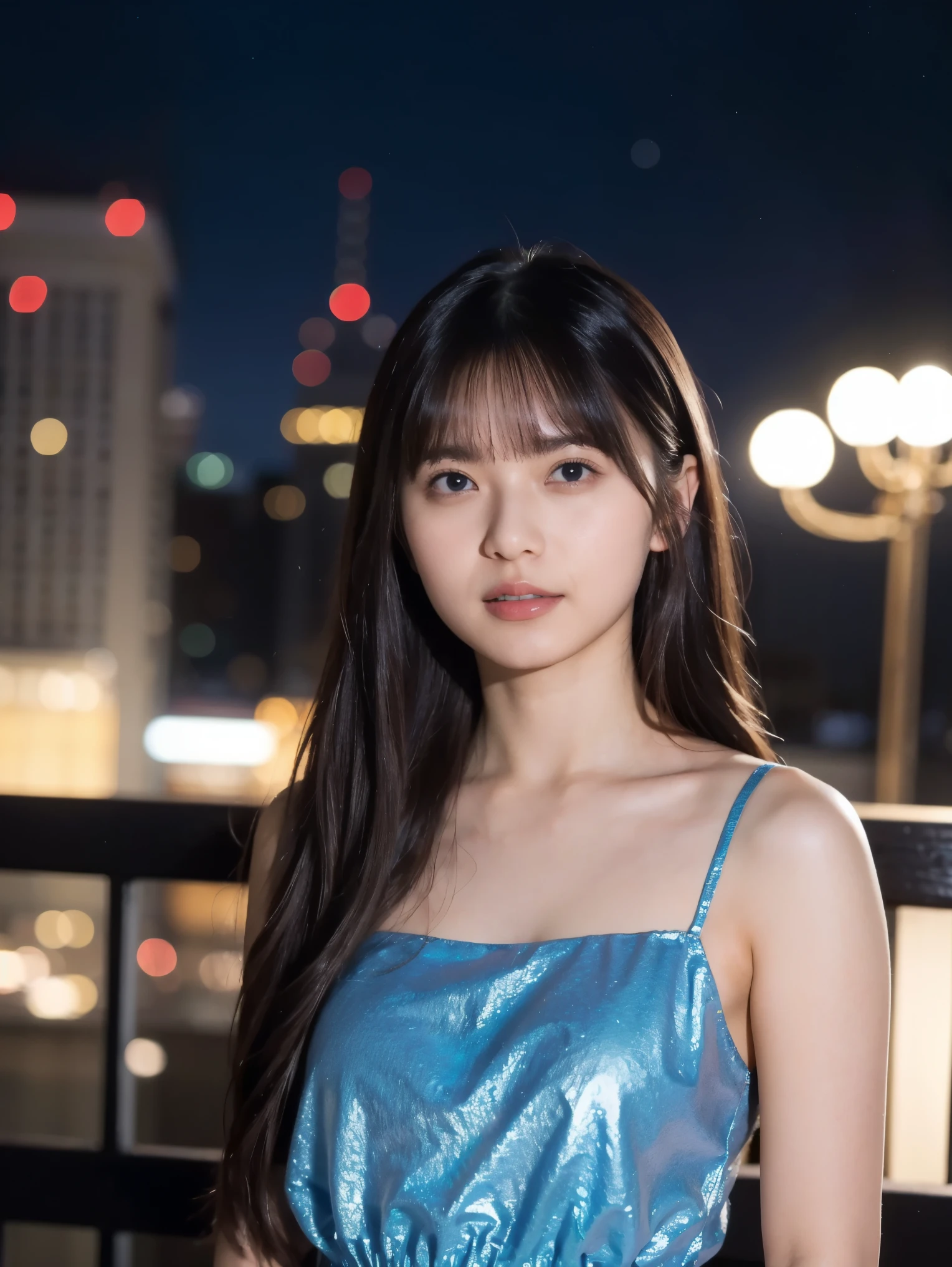 ( RAW photos , best quality), (Realistic, photo-Realistic:1.4), masterpiece, scene , Very detailed, 2k wallpaper, wonderful, fine-grained, Very detailed CG unity 8k wallpaper, super detailed, high definition , Soft light, girl with beautiful details, Very detailed 非常に美しい19歳の若い美しい十代のモデルの女の子のクローズアップ, Wore casual clothes , Standing on the hotel balcony, long hair with blond highlights and brown low lights standing on a hotel balcony , round face, hazel eyes, happy face, Realistic Pictures ,( Wear a blue glittering evening mini dress ),
