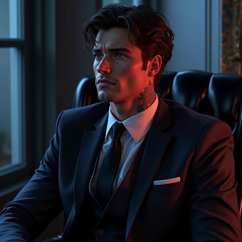 a young Business Man wearing modern black suit , change background to office , 8k quality, ultra realistic