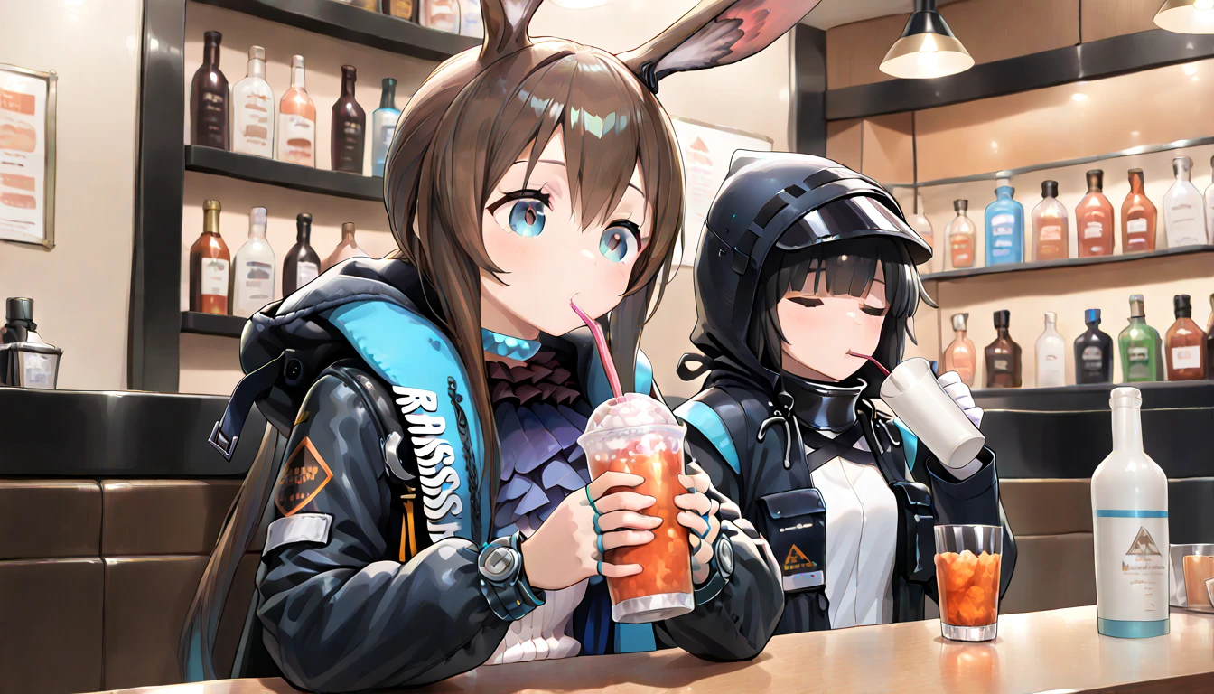 ((top quality)),((masterpiece)),((perfect face)),(ultra-detailed),ultra high res, 8k, 2girls, amiya (arknights), female doctor (arknights), helmet off, bar, bottle, drinking, exquisite, (very aesthetic:1.2), (absurdres:1.2), (detailed background),newest, perfect anatomy,