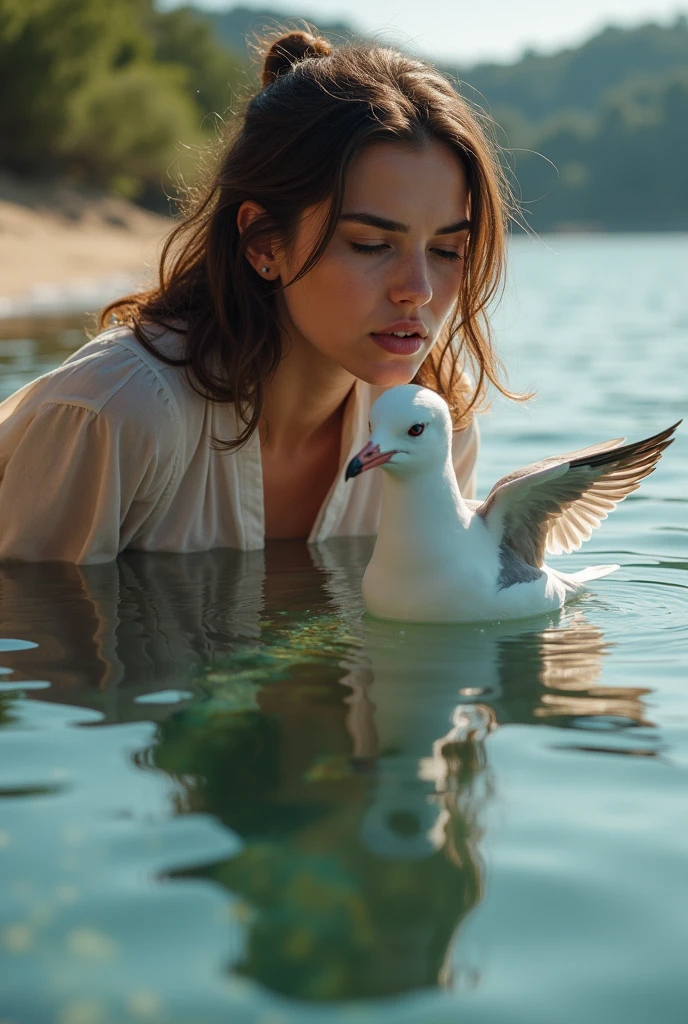 An angel woman bathing in a river is seen by a man, bathing beauty angel peeped on by man, big breasts, Realistic, best quality, HD
