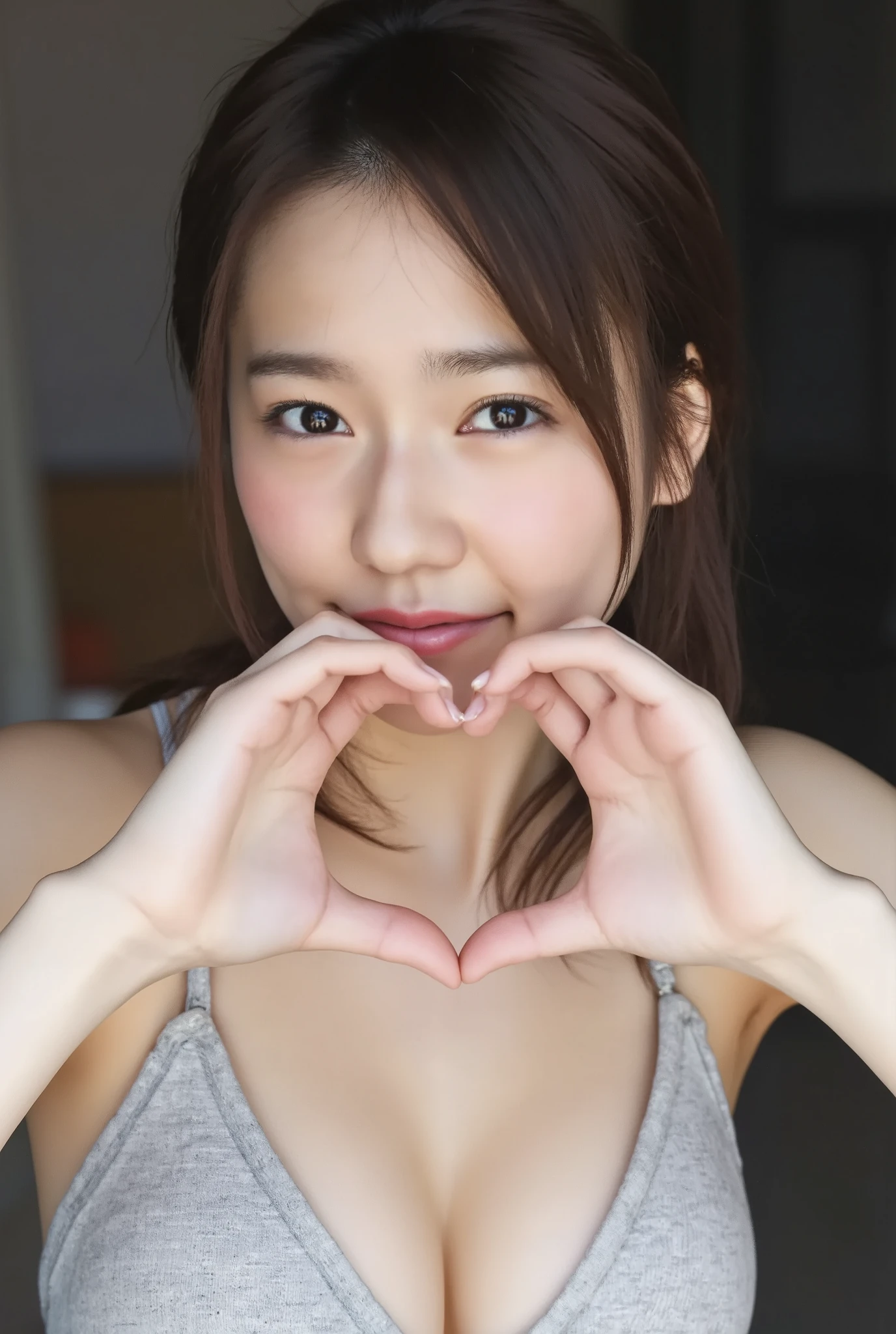 A smiling woman is posing alone wearing off-the-shoulder pajamas, making a firm big heart shape with both hands, and holding them in front of her chest, View above collarbone、The background is a monotone 、
