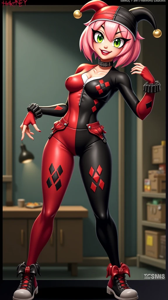((Full body photo, standing, feet on the ground)) Harley Quinn goal ,((( 5 toes, black toe nails, Focus full body, sitting on a chair, tied ankles together,tied arms, with no shoes,)))