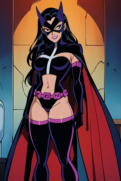 Huntress_JLU, cape, long cape, black hair, long hair, mask, bodysuit, navel, gloves, solo, Masterpiece, Best Quality, Breasts, smile, standing, cape covering whole body