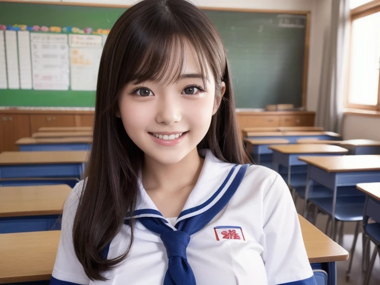 8K, highest quality, real image, realistic, intricate details, Super detailed, ultra high resolution, depth field, (realistic,realistic:1.3), (small breasts:1.2), japanese girl, very beautiful 17 year old girl, (beautiful breasts:1.5, highly detailed eyes:1.2), (beautiful breasts:1.1), bangs, perfect skin, Fair skin, tight waist, looking at the viewer, black hair, hair behind the ear, shoulder hair, knees together, long hair, no makeup, in a high school classroom, During class, (smile:1.3), (high school sailor suit:1.2), (navy pleated skirt:1.2)
