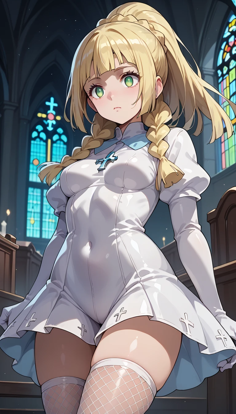  score_9,  score_8_up,  score_7_up,  score_6_up,  score_5_up,  score_4_up, BREAK Source_Anime, lillie ,long hair/ponytail, blonde hair, green eyes, braid,twin braids, blunt bangs,underbust, thighhighs, (white eyes), glowing eyes, breasts,((empty eyes)),Expressionless,(立ち上がる), ((white latex rubber suit)),Fishnet stockings,(two breast),no pubic hair,( dark church, night church)