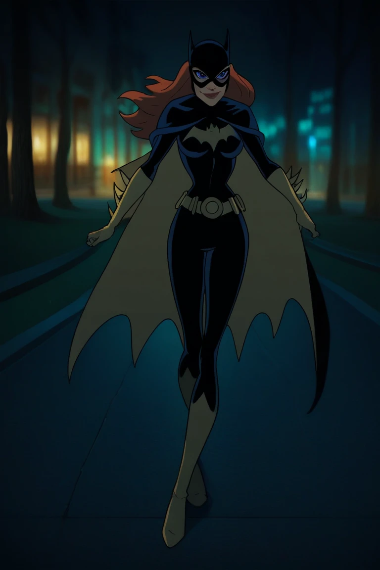 BarbaraG, 1girl, solo, blue cape, blue cloak, blue mask, belt, blue eyes, superhero, long hair, lipstick, batgirl, park, smile, standing, cape covered full body