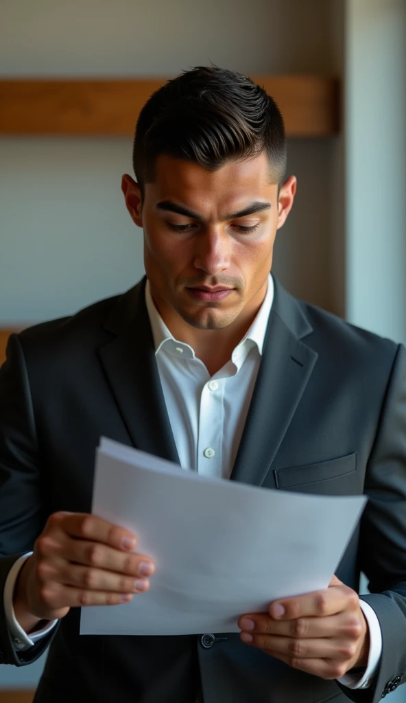 Ronaldo in a suit, small head, extremely detailed skin, reading documents at office, blurred background.