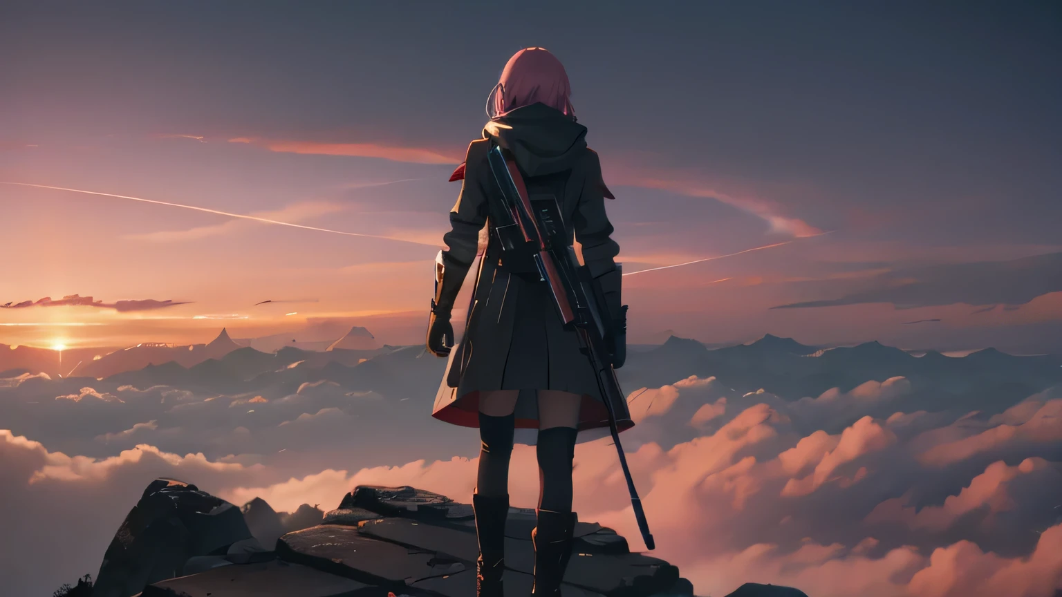 a girl, pink hair, zero two, back turned, looking at nothing, space, destroyed landscape, highly detailed, 8k, photorealistic, intricate details, dramatic lighting, epic fantasy, cinematic, moody colors, vibrant colors, futuristic technology, post-apocalyptic, environmental destruction, dystopian, volumetric fog, dramatic camera angle, deep shadows, glowing energy effects