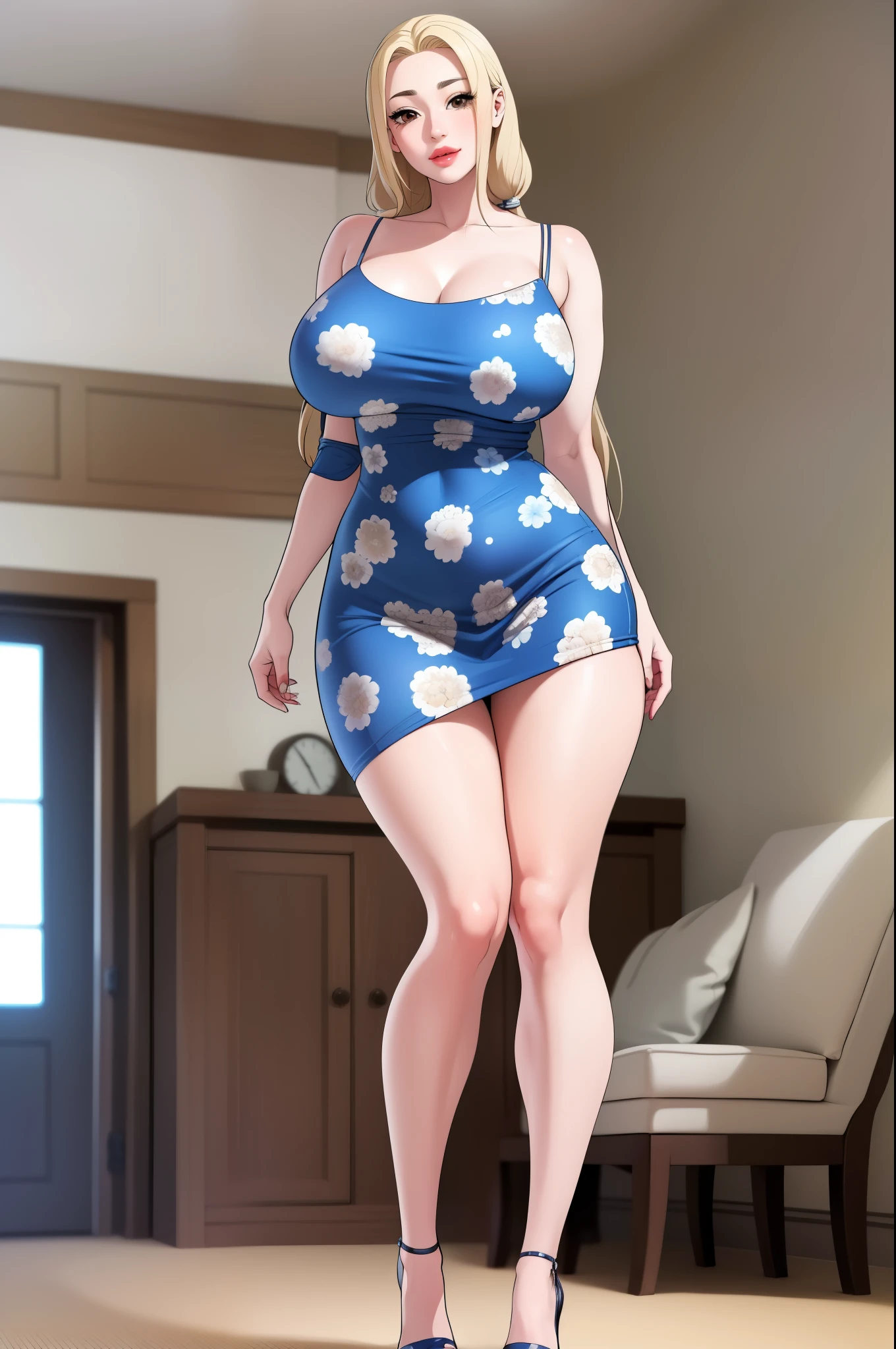 An extremely beautiful woman with blonde hair tied with ribbon, big brown eyes, wearing a long foot-length sky-blue floral dress with spaghetti straps and a v-neckline, a cute smile expression, extremely fair white skin, a perfect busty yet thin curvy body, standing straight. The living room in the background, show her full body from head to foot.