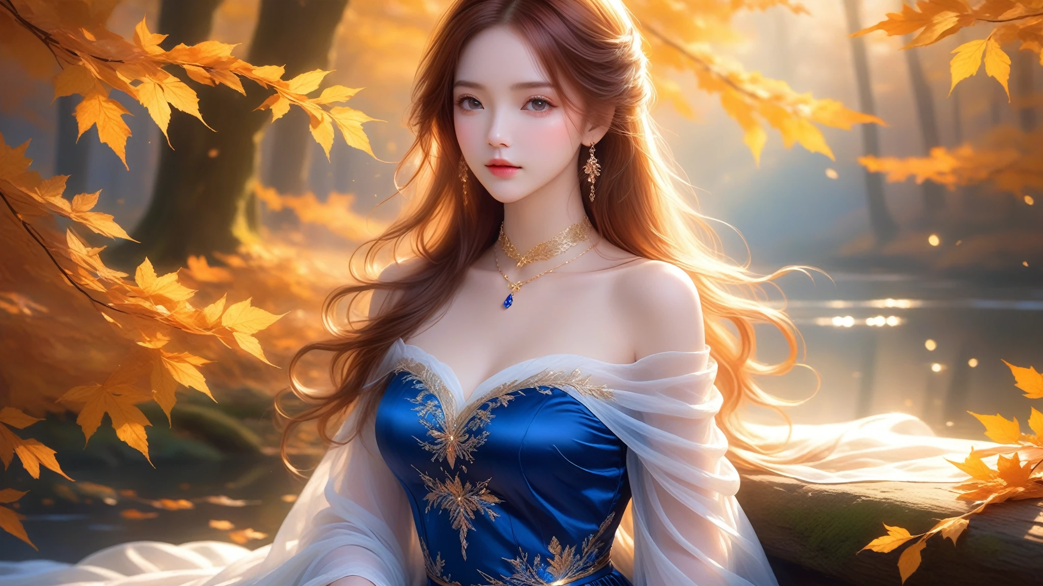 A Masterwork In 32K Resolution, Unmatched Quality, Ultra-Fine Details, Official Art, Supreme 32K Wallpaper, Gorgeous And Ethereal, Highly Detailed Features, Spellbinding Detail, Dutch Angle, Hyper-Realistic, Autumn Landscape. One Girl, Solitary, Auburn And Straight Hair, Long And Flowing, She Is Wrapped In Delicate, Sensuous Silk Fabric, Off-The-Shoulder, Highlight Her Ample Breasts, Sapphire Choker, Exquisite Cleavage, Moonlit Forest, Floating Glimmers Surrounding Her. The Composition Of Her Ethereal Beauty Is Otherworldly, With The Reflected Adding Depth And Magic, Enhanced By Gentle, Dreamlike Lighting That Captures Every Nuance. Her Sculpted, Angelic Face Shines Against The Golden Leaves, Illuminating Her Timeless Grace In This Astonishingly Realistic And Enchanting Scene.