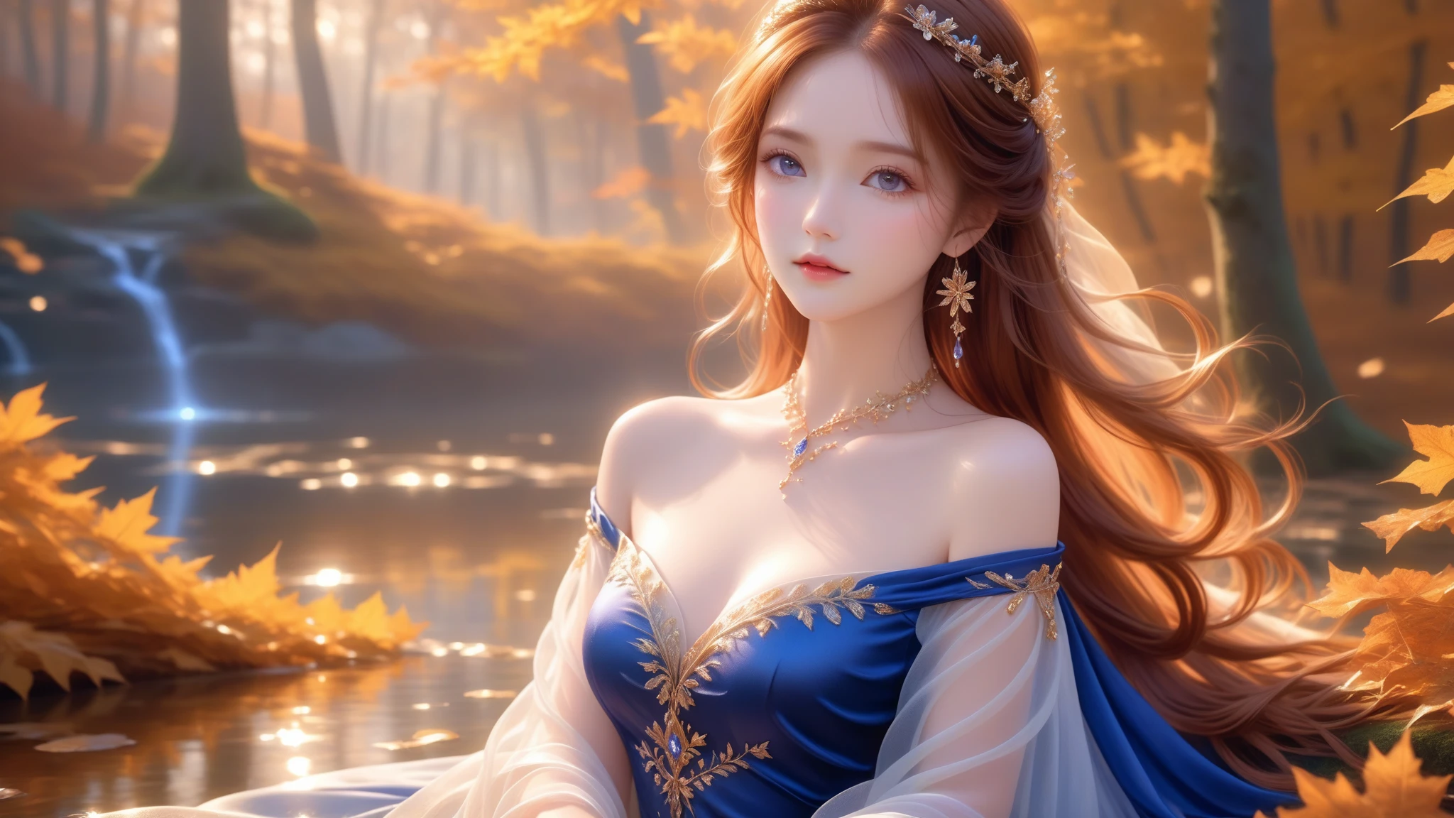 A Masterwork In 32K Resolution, Unmatched Quality, Ultra-Fine Details, Official Art, Supreme 32K Wallpaper, Gorgeous And Ethereal, Highly Detailed Features, Spellbinding Detail, Dutch Angle, Hyper-Realistic, Autumn Landscape. One Girl, Solitary, Auburn And Straight Hair, Long And Flowing, She Is Wrapped In Delicate, Sensuous Silk Fabric, Off-The-Shoulder, Highlight Her Ample Breasts, Sapphire Choker, Exquisite Cleavage, Moonlit Forest, Floating Glimmers Surrounding Her. The Composition Of Her Ethereal Beauty Is Otherworldly, With The Reflected Adding Depth And Magic, Enhanced By Gentle, Dreamlike Lighting That Captures Every Nuance. Her Sculpted, Angelic Face Shines Against The Golden Leaves, Illuminating Her Timeless Grace In This Astonishingly Realistic And Enchanting Scene.