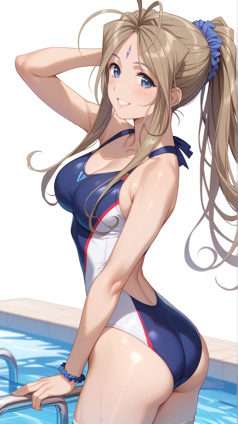 ( high definition ,  best quality, masterpiece,  high detail), Crystal clear image quality、 textured skin 、 glossy skin、 1 woman、Belldandy V2、Oh My Goddess！、 brown hair、Shiny Hair、 high ponytail、 blue eyes、Glamorous eyes、 white swimsuit 、 competitive swimsuit、 poolside、smile、 simple background、( blur the background )