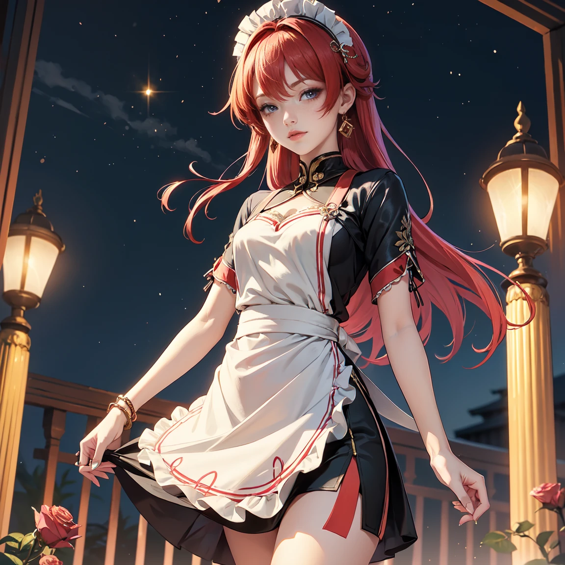 1girl, dress, jewelry, red hair, flowing hair, long hair, solo, dark roses, firefly, long flowing hair, floating hair, ornament hair, Looking at the viewer, flowing hair, magical girl, Beautiful Eyes, maid, maid dress, maid headdress, white headdress, maid apron, white apron, dress with too many frills, black dress, red laces, black Short skirt, skirt with layers, small skirt, skirt with layers, Drape clothes, red gem, Lace trim, lux garden, luxury gold details, gold jewelry, more details, best quality, blushing, Striped Lace Stockings, short skirt, sparkle, solo, centered girl, cowboy shot, glowing hair, dark roses, magical girl, sparkles, more details on her clothes, dress with transparency, golden details on her dress, night, oriental lanterns