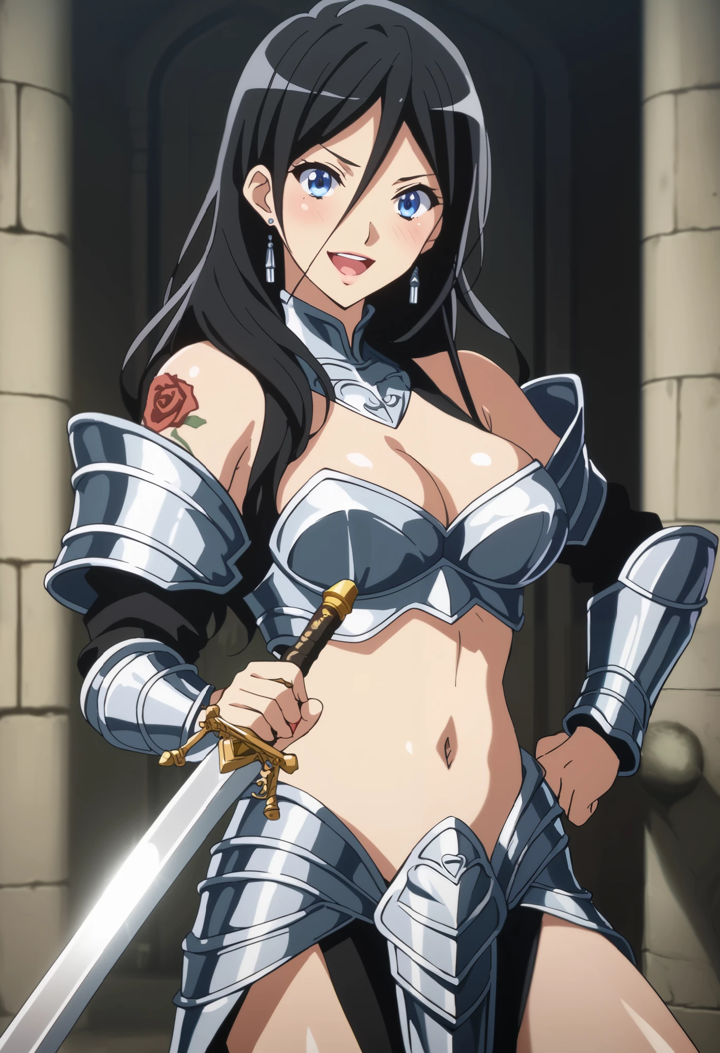 asuka tanaka, long hair, black hair, blue eyes, hair between eyes, ear piercing, long hair, blush, lipstick,Hot girl, baddie, smoking, bad attitude, mean girl,  crazy,
sensual, attractive ,jewelry, earrings, masterpiece, best quality, highly detailed, fantasy , a anime girls in armored dress holding a sword
posing for a picture, evil smile, smile, open mouth, breastplate with open cleavage, cleavage, warrior
outfit, ecchi anime style, anime girls, ecchi style, (nsfw) not safe for work, ecchi, digital anime art!!, in
anime style, official artwork, visual novel cg, beautiful anime girl, anime style 4 k , loincloth, exposed
belly, exposed navel, exposed midriff, exposed lower belly, pencil skirt armored, castle,inside castle, tattoo, tattoo midriff, rose tattoo, shiny skin