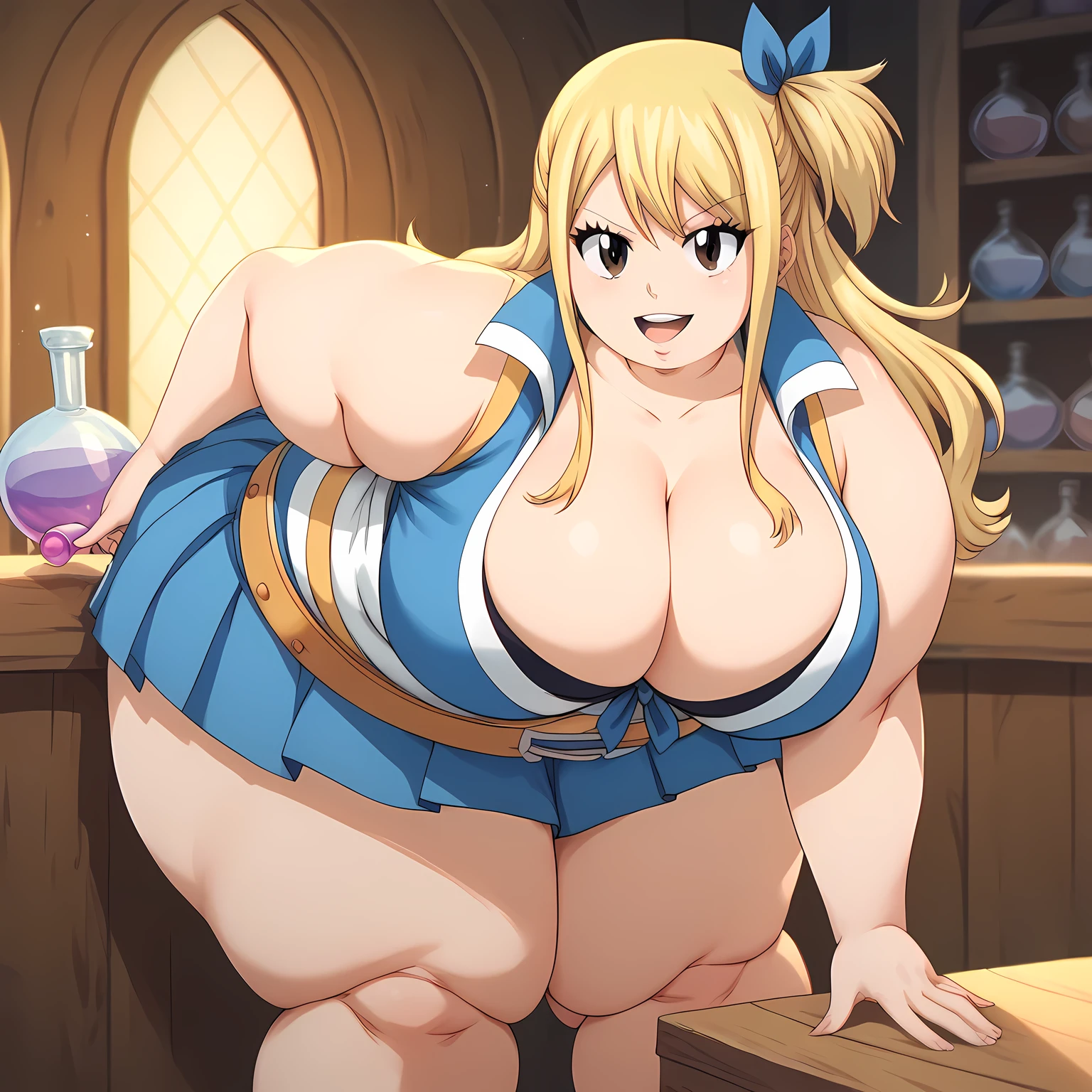 1 girl, Lucy Heartfilia, Fairy Tail, large breasts, long hair, blonde hair, brown eyes, skirt, ribbon, cleavage, bare shoulders, collarbone, hair ribbon, sleeveless, one side up, blue ribbon, blue skirt, pleated skirt, belt, potion shop, pulling down shirt to expose cleavage, seductive smile, leaning forward slightly fat, chubby, obese, gigantic arms and legs, large breasts open mouth, out of breath