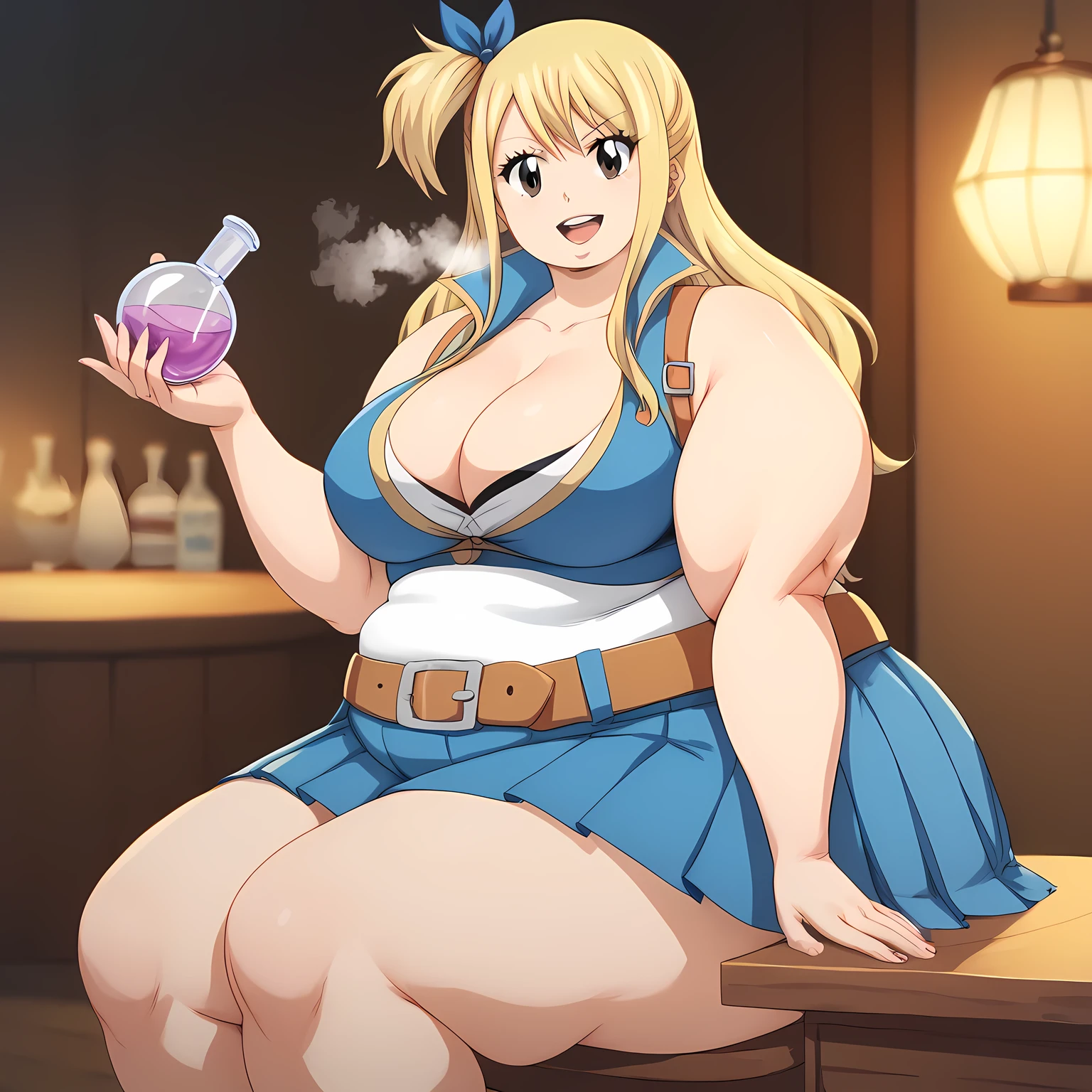 1 girl, Lucy Heartfilia, Fairy Tail, large breasts, long hair, blonde hair, brown eyes, skirt, ribbon, cleavage, bare shoulders, collarbone, hair ribbon, sleeveless, one side up, blue ribbon, blue skirt, pleated skirt, belt, potion shop,, seductive smile,slightly fat, chubby, obese, gigantic arms and legs, large breasts open mouth, out of breath, sitting , from side