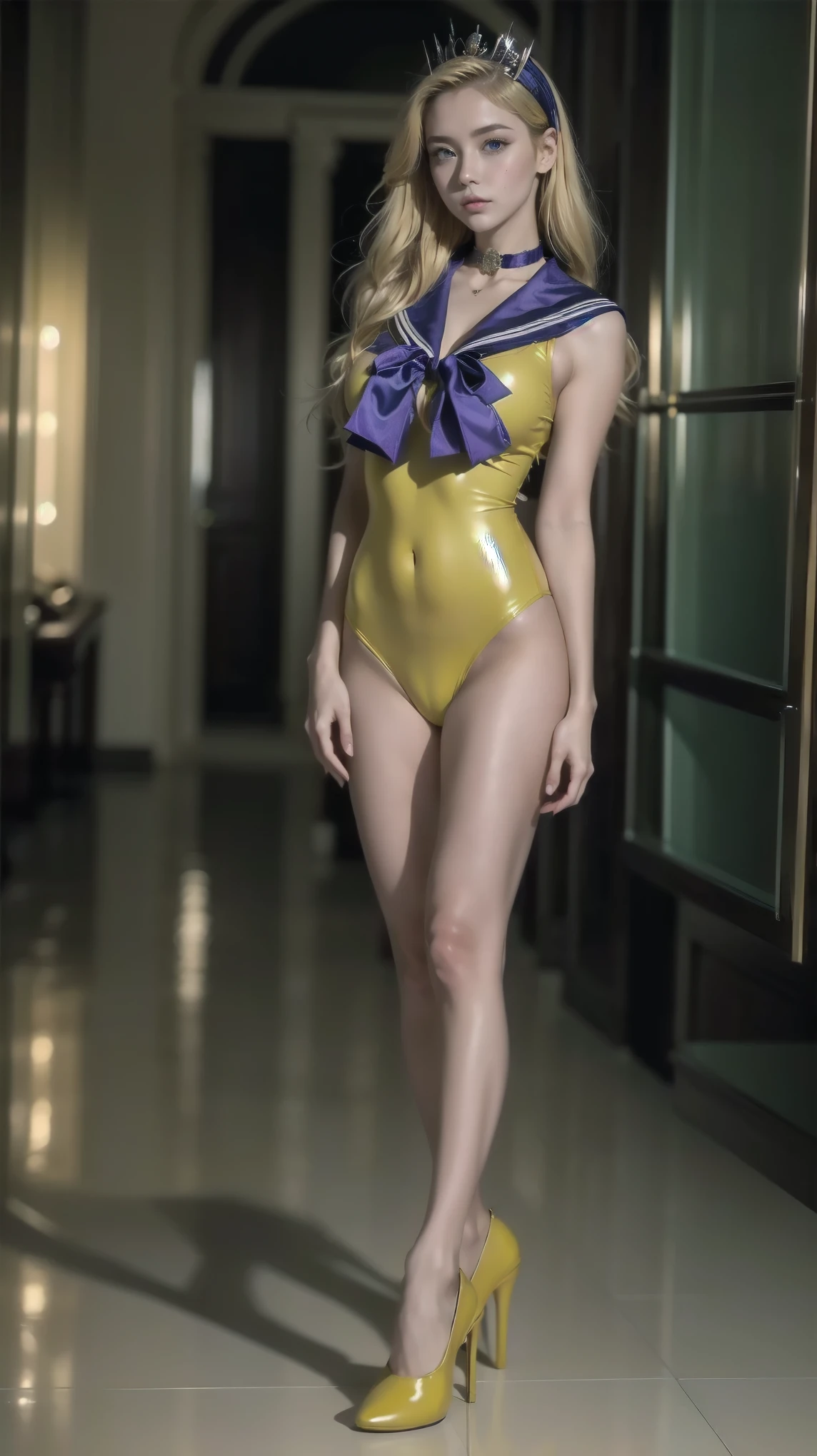 (( masterpiece :1.4)、( high quality :1.4)、({{{{reallistic:1.7))、 masseter piece :1.4、 A pretty girl、(Sailor Moon:1.4)、tsukino usagi、 Senshi  Sailor Uniform Fitted to the Body 、(Shiny Latex)、(   The sleeveless jacket is white   )、(   Ultra pleated  blue dress  )、  The collar of the sailor uniform is blue with two fine lines.、 high-legged swimsuit 、  Red fabric ornament on the   、( wearing white gloves )、kawaii girl、Super beauty、sharp focus、photographic portraits  、(  perfect female body :1.4)、 perfect proportions 、Sessão de   full body  :1.4、 beautiful face 、 beautiful eyes、 narrow waist、beautiful legs、(   yellow hair :1.4)、( hair length :1.2)、beautiful udder、  big, full   :1.2、 package、RAW photo、、  red high heels  :1.4、a choker:1.4、a necklace:1.4、toys:1.4、Luxurious Golden Tiara:1.4、1 display screen、a moon、cosmos、spaceships、A space station、  future city ,   camel foot  , body proportions, (Chapped lips:1.4), (:1.2),  shortening  , black cuts, (eye contact),   high contrast, ultra   high resolution,   high resolution, detailed, Clean face, (  face :1.5), ( big purple eyes :1.2), (ultra detailed eyes:1.4), (   high resolution eyes:1.1), (ultra detailed skin texture:1.4), Persephone, Persephone, Persephone, (sfw:1.5), (   full body  :1.8), (  upper body :0.3), (hyper-realistic:1.4), (realistic:1.3), (  best quality real skin texture  ), detailed eyes, detailed face,
