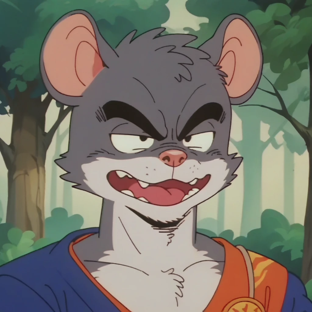 anime screencap,drgbls1, solo, anthro mobian rat,male, Fisker, _9, score_8_up, score_7_up, score_6_up, forest, upper body, grey fur, sarcastic,